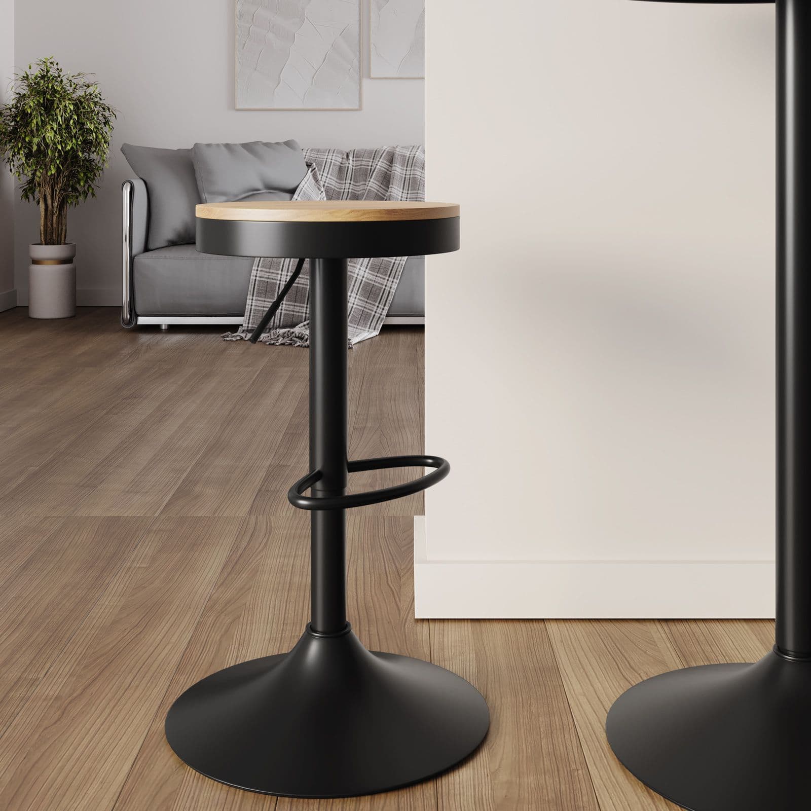 Set 2 sgabelli con poggiapiedi in metallo nero e seduta in legno - Dynamo