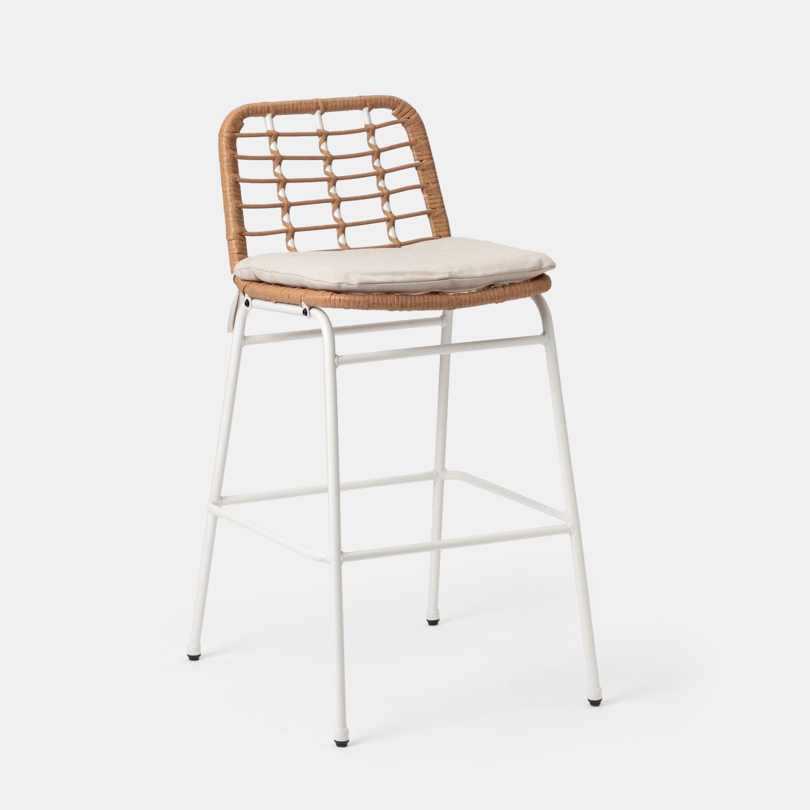 Set 2 sgabelli da esterno in acciaio bianco e polyrattan naturale con cuscino - Griel