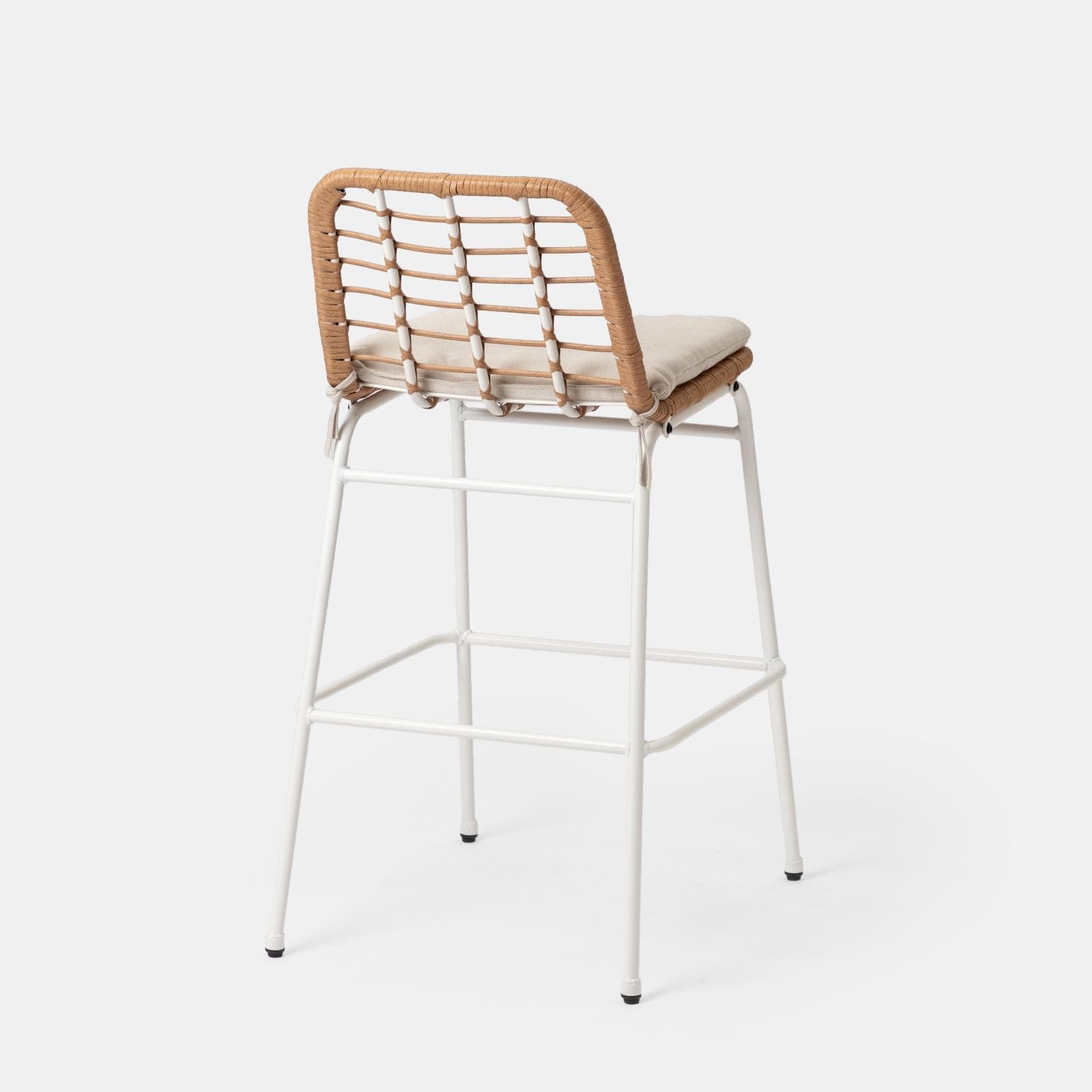 Set 2 sgabelli da esterno in acciaio bianco e polyrattan naturale con cuscino - Griel