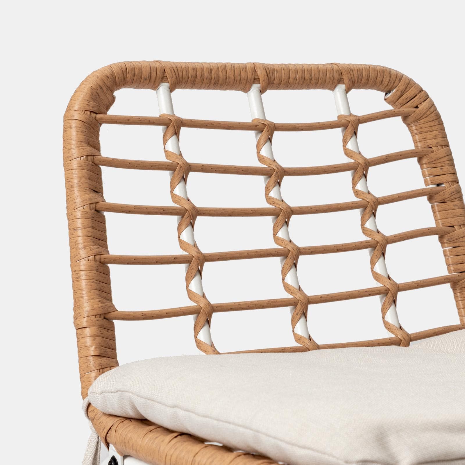 Set 2 sgabelli da esterno in acciaio bianco e polyrattan naturale con cuscino - Griel