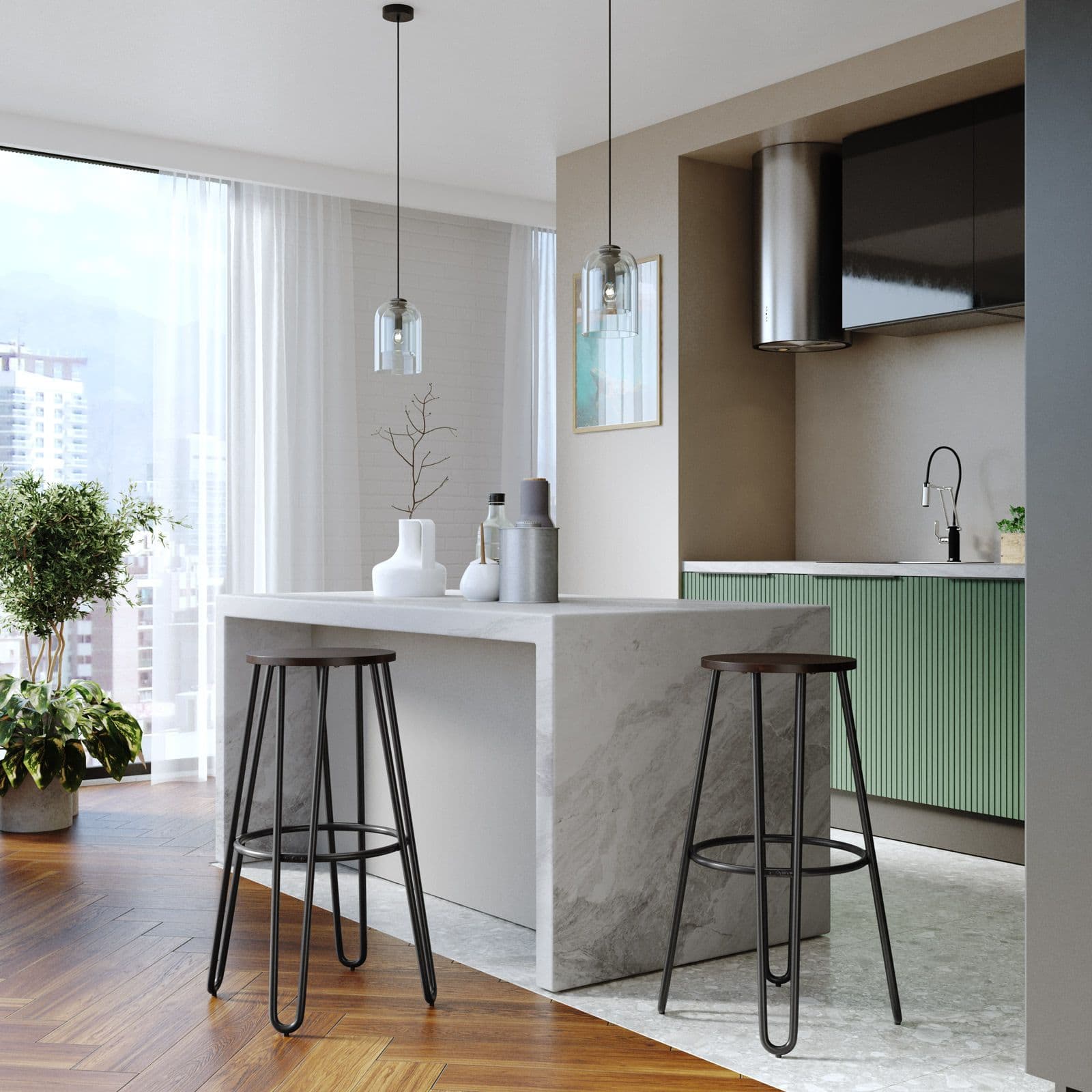 Set 2 sgabelli in acciaio nero e seduta rovere scuro con poggiapiedi - Grunge