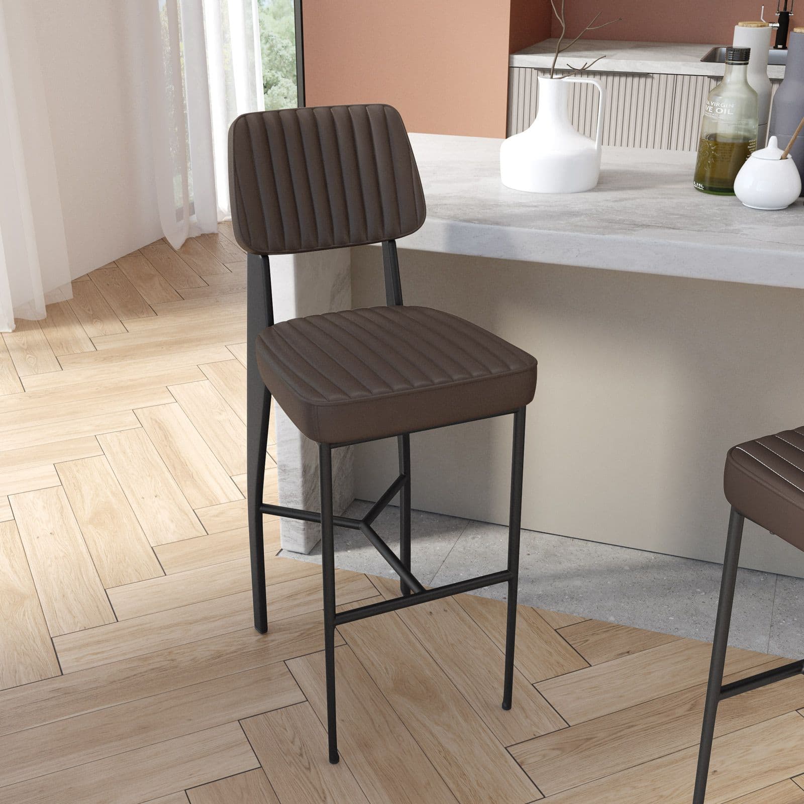 Set 2 sgabelli in similpelle cacao e struttura in acciaio antracite con poggiapiedi - Willard