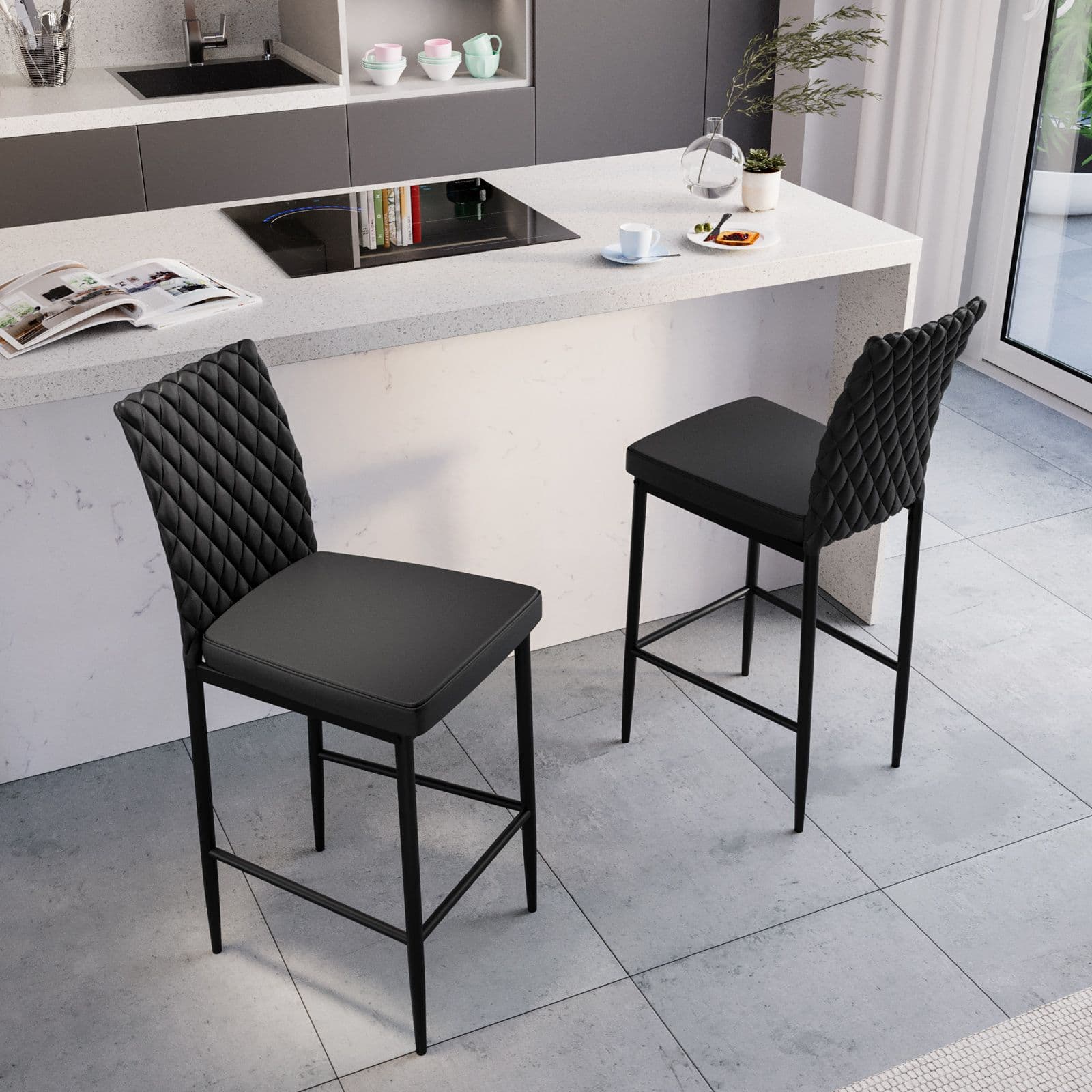 Set 2 sgabelli in similpelle nera con gambe in metallo nero - Frest