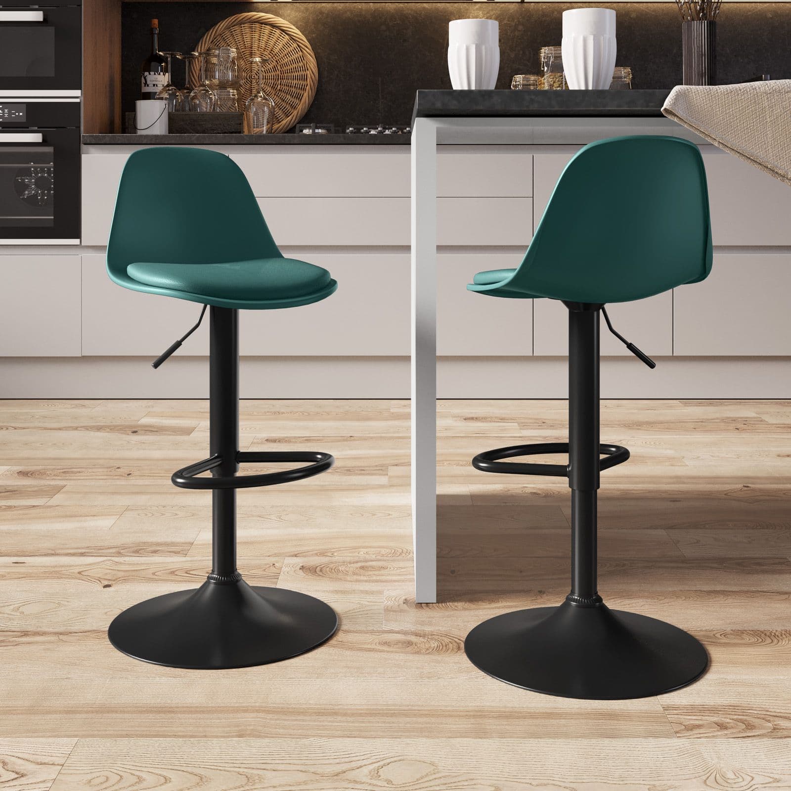 Set 2 sgabelli in similpelle nero con seduta verde scuro - Kriton