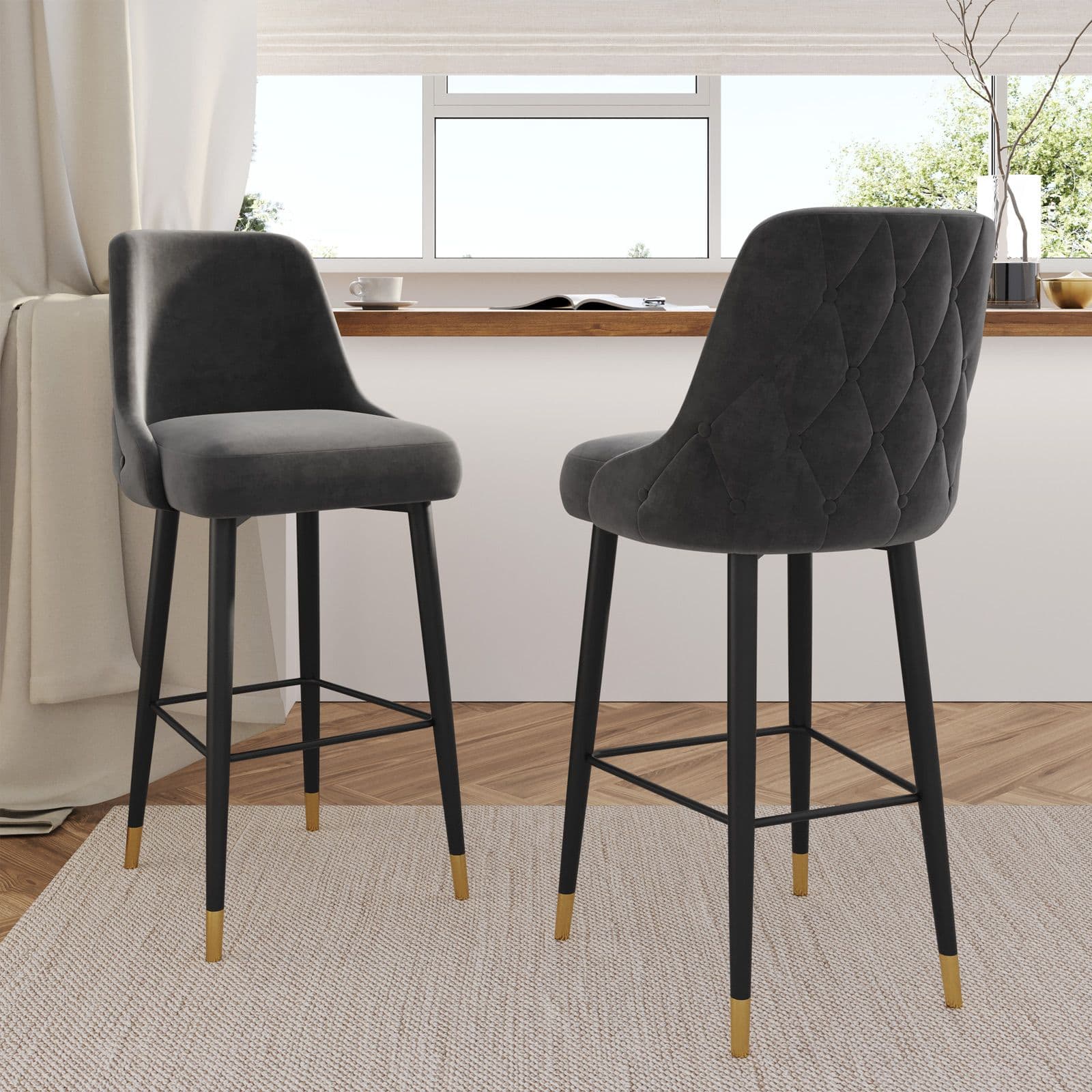 Set 2 sgabelli in tessuto grigio scuro con gambe nere e oro - Genny