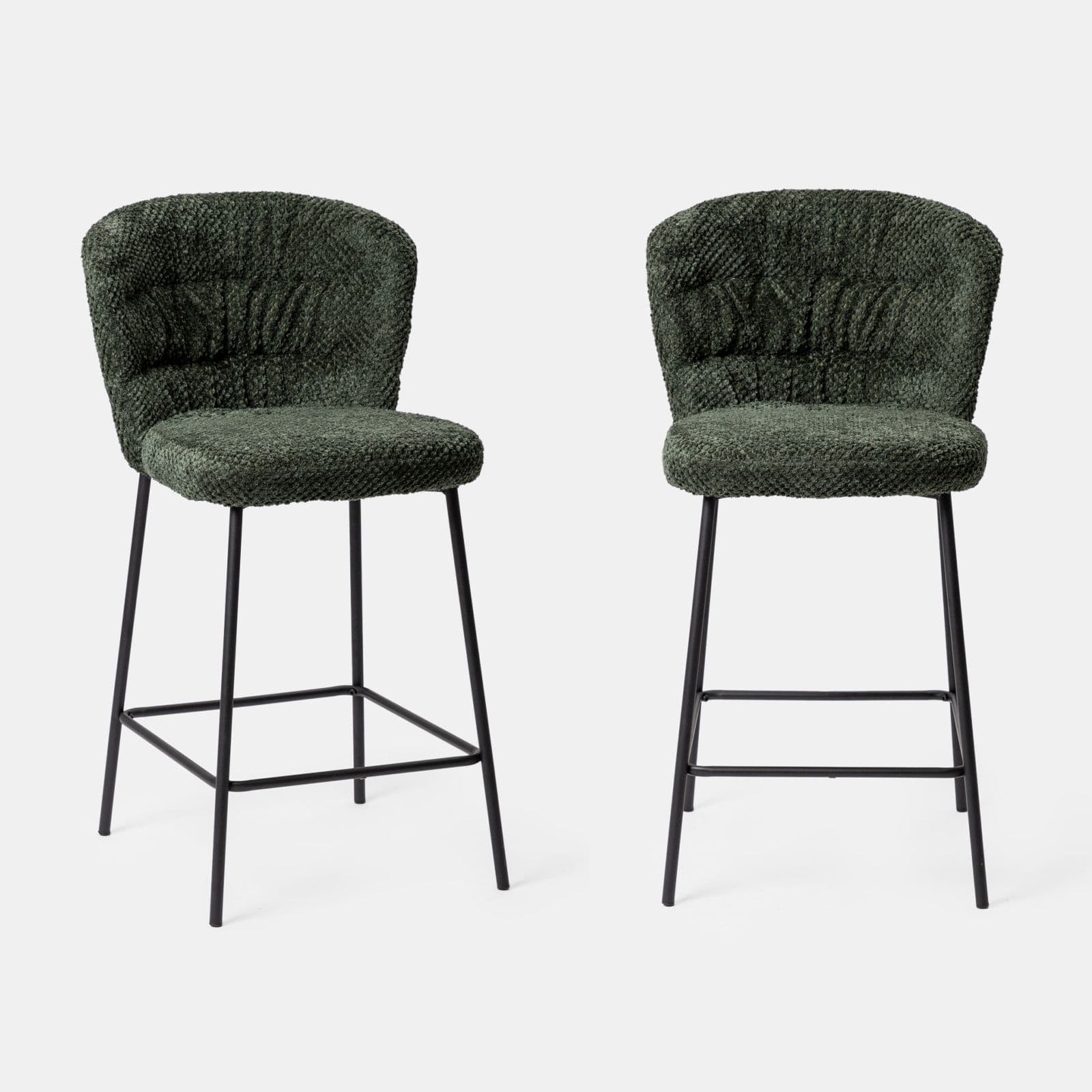 Set 2 sgabelli in tessuto peluche verde e struttura in metallo nero - Karol