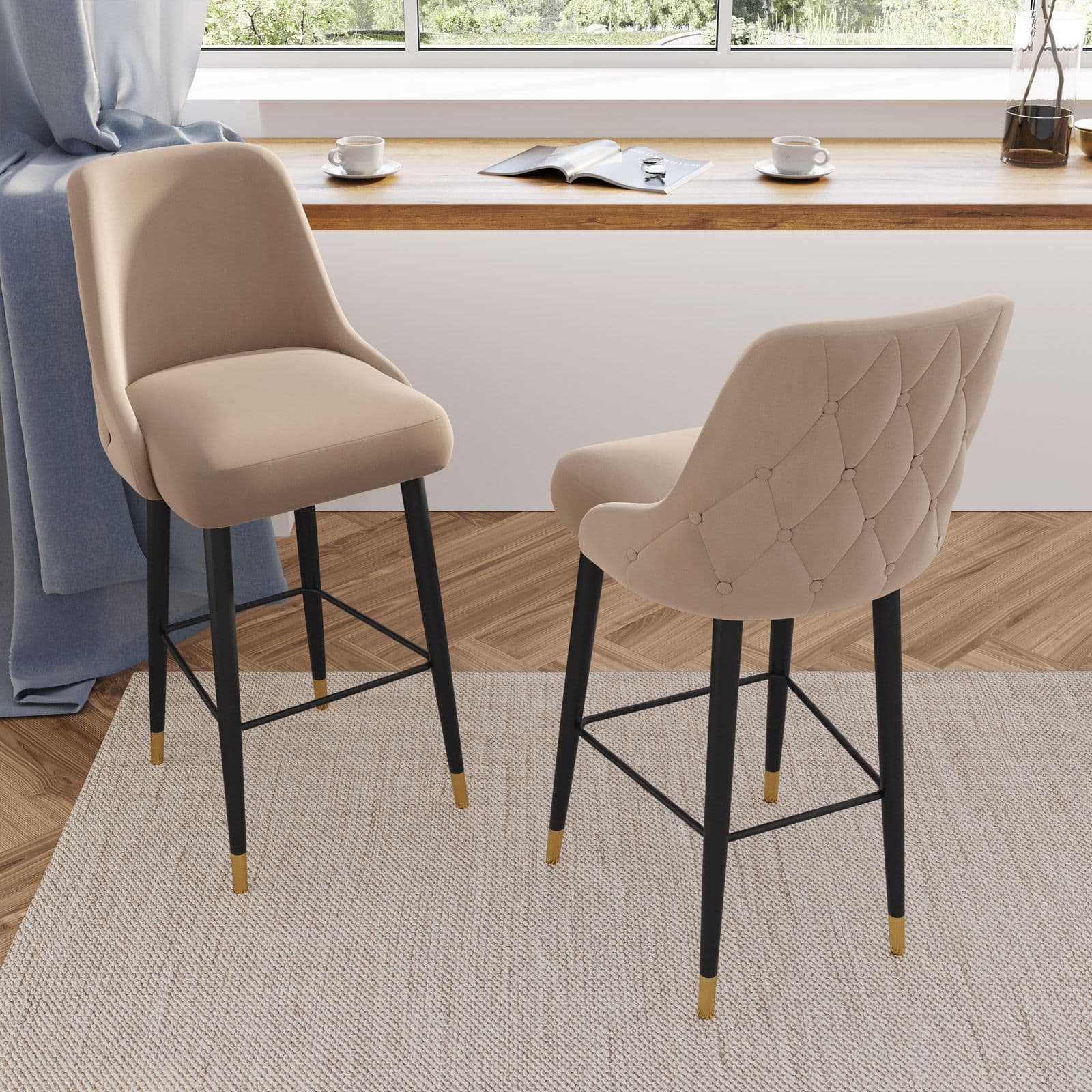 Set 2 sgabelli in tessuto sabbia con gambe nere e oro - Genny