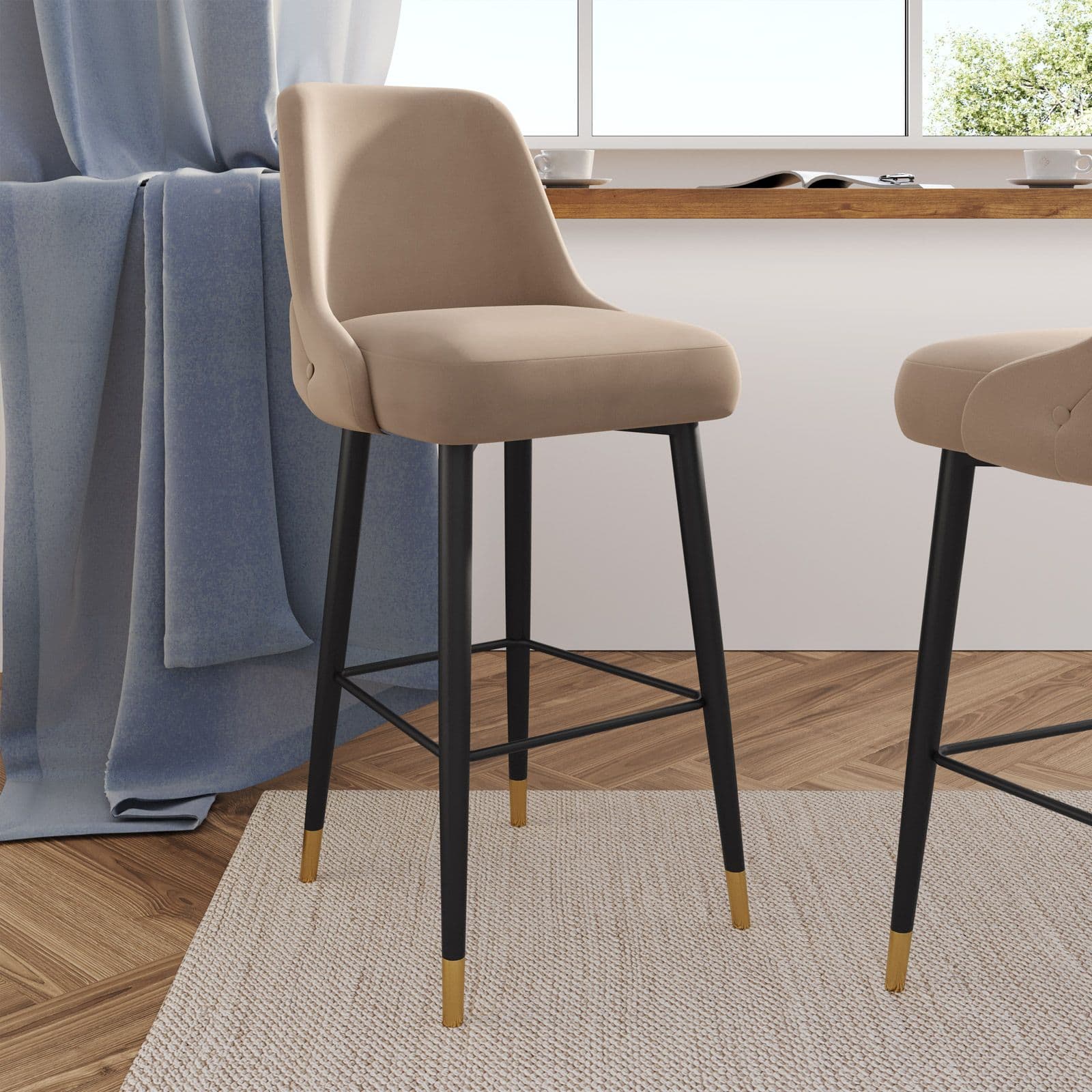 Set 2 sgabelli in tessuto sabbia con gambe nere e oro - Genny