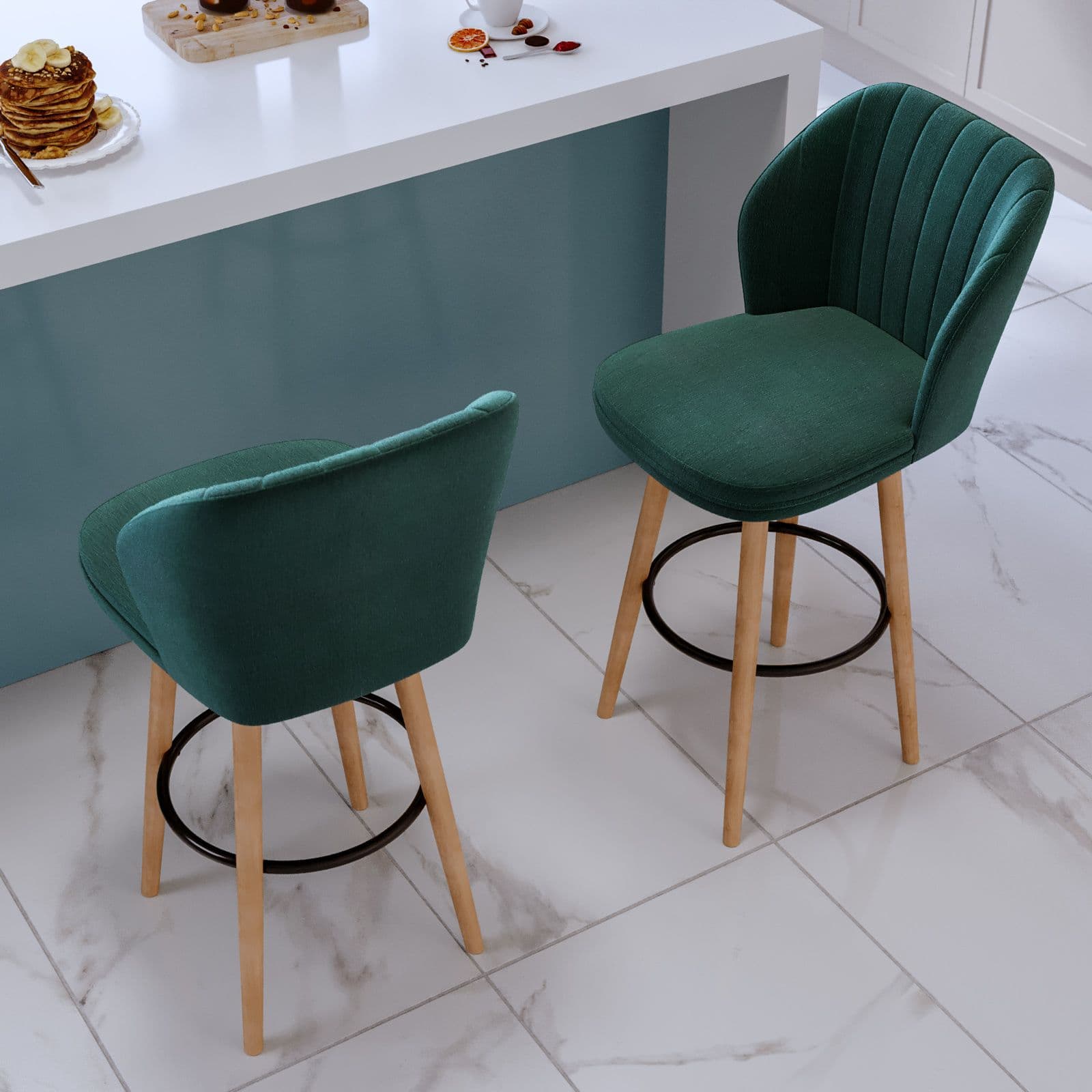 Set 2 sgabelli in tessuto verde bosco con struttura in legno - Adriel
