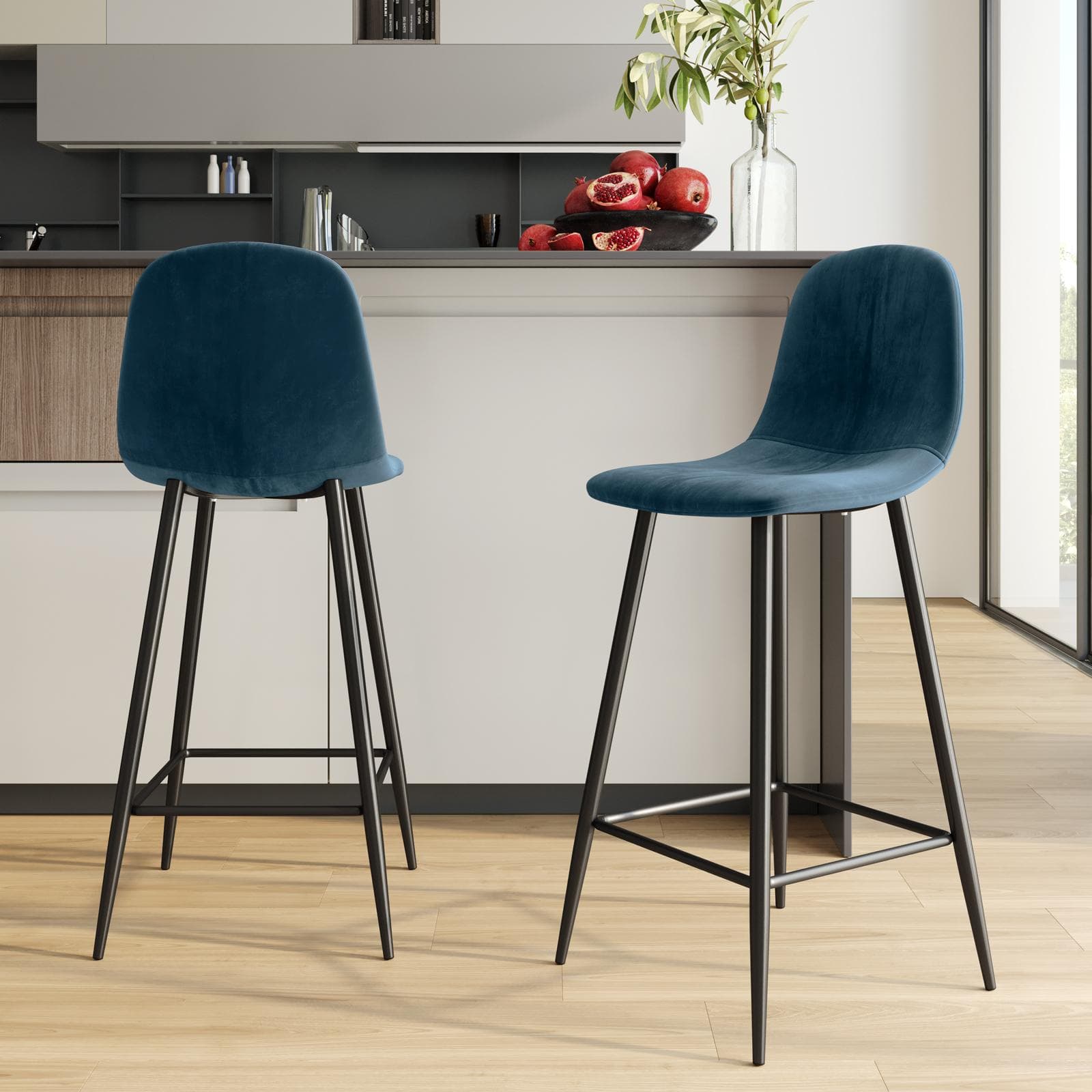 Set 2 sgabelli in velluto blu con gambe in metallo nere - Finesse