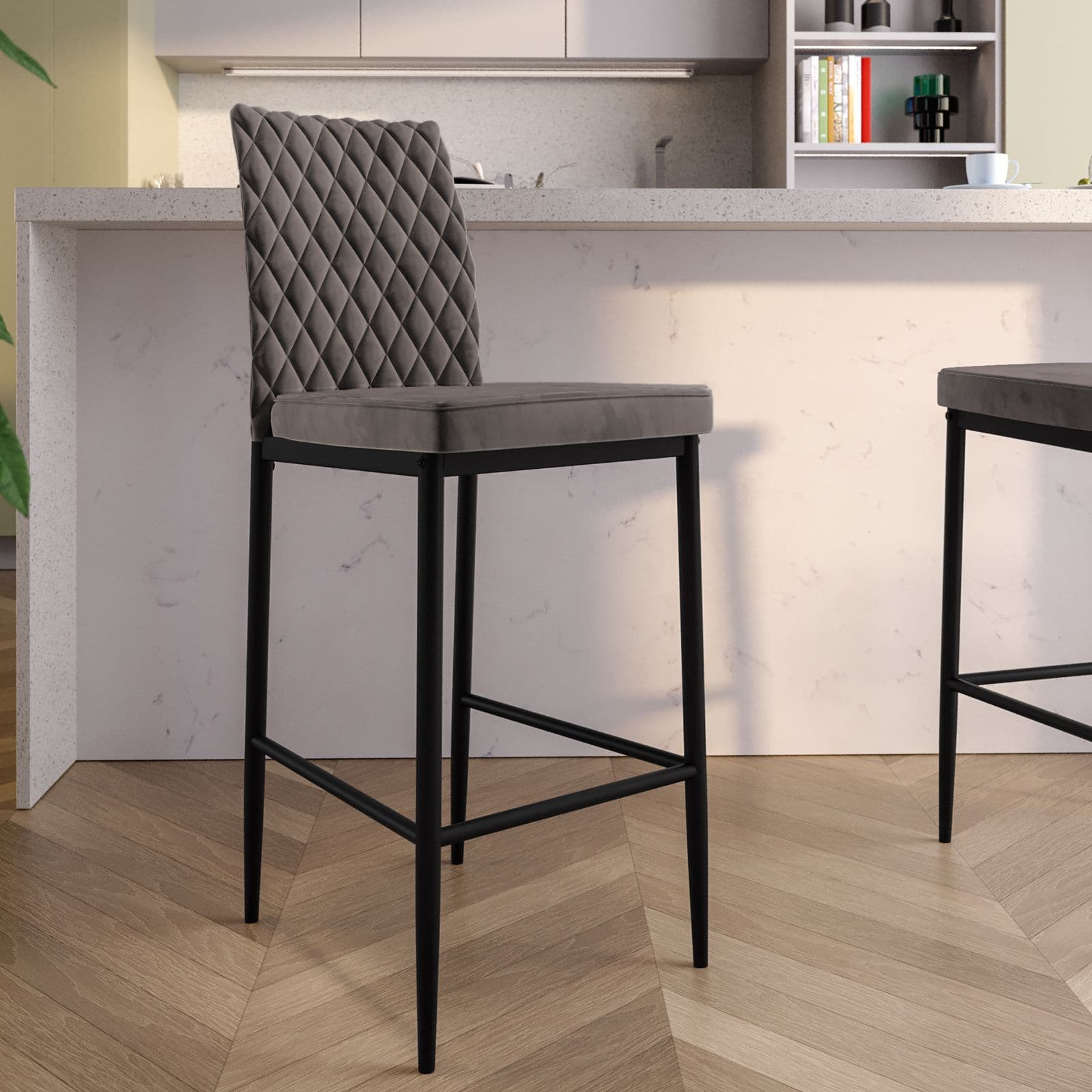 Set 2 sgabelli in velluto grigio fumo con gambe in metallo nero - Frest