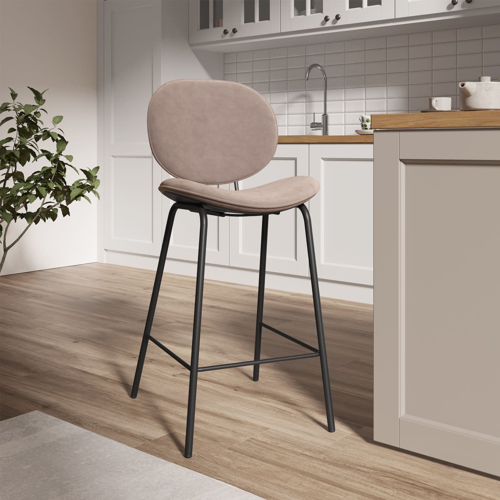 Set 2 sgabelli in velluto grigio tortora con gambe in metallo nero - Milva