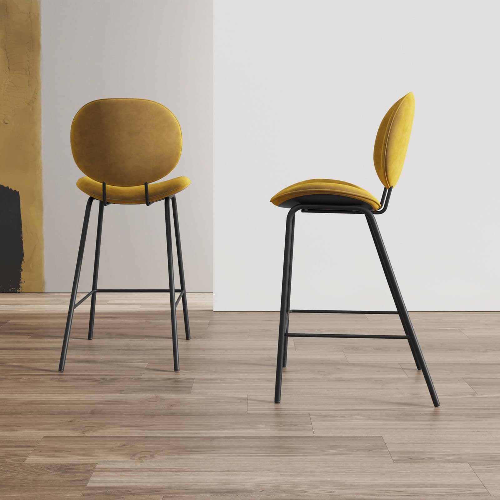 Set 2 sgabelli in velluto oro con gambe in metallo nero - Milva