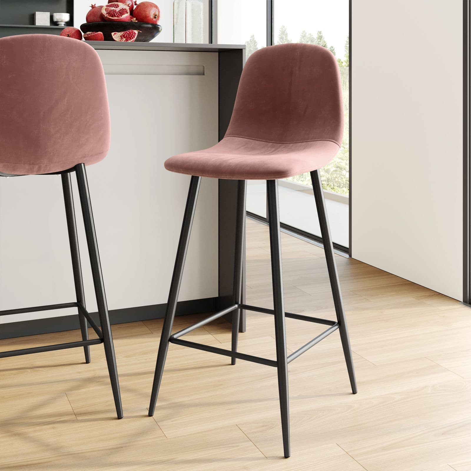 Set 2 sgabelli in velluto rosa antico con gambe in metallo nere - Finesse