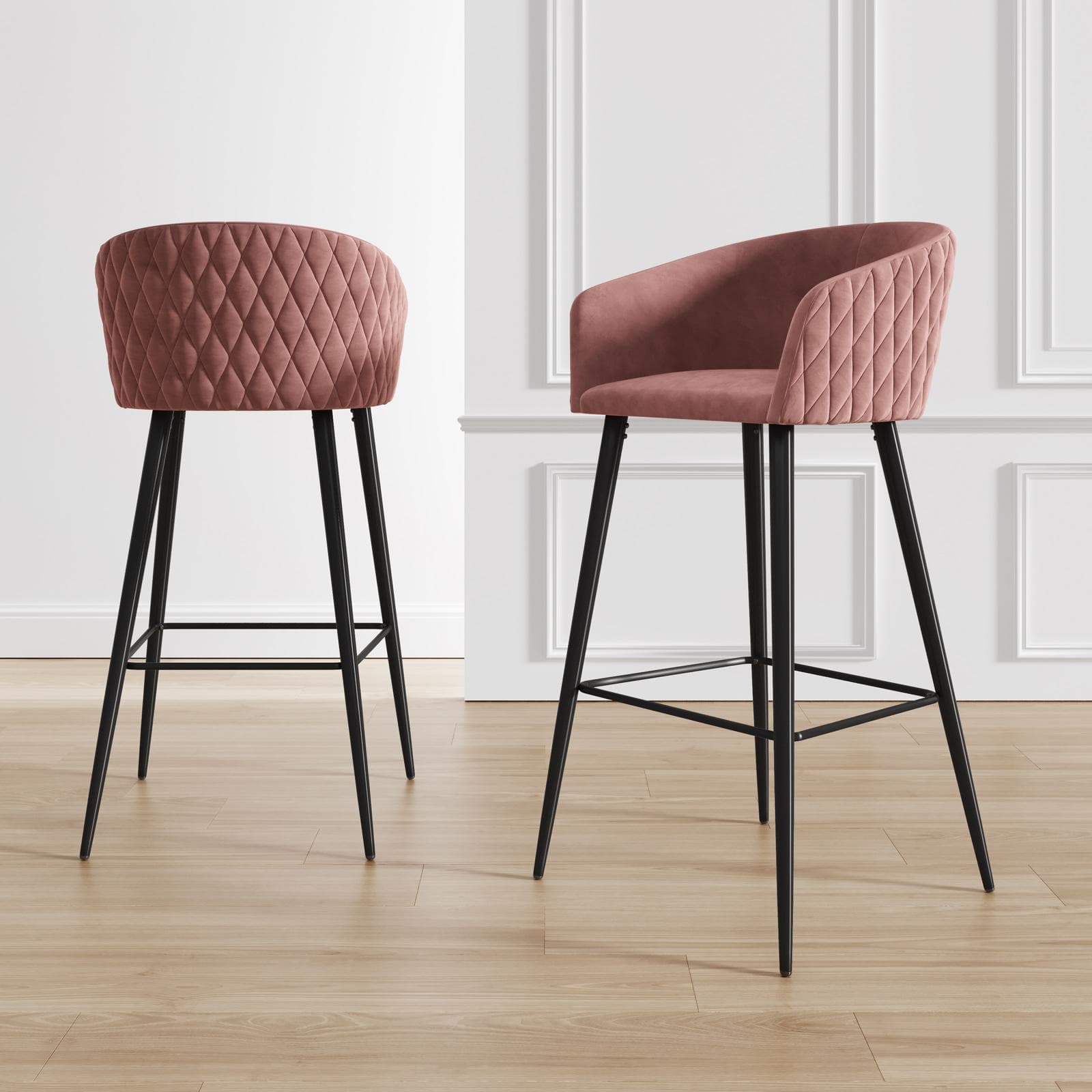 Set 2 sgabelli in velluto rosa antico struttura in metallo nero - Jannet