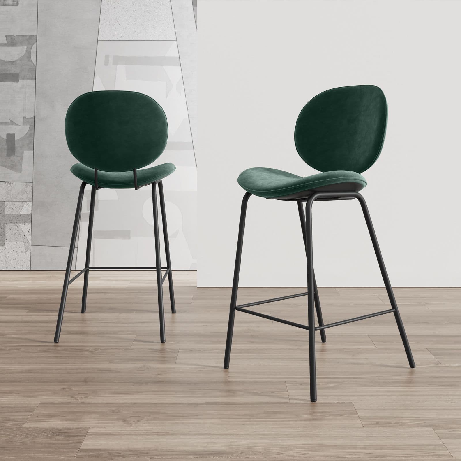 Set 2 sgabelli in velluto verde scuro con gambe in metallo nero - Milva