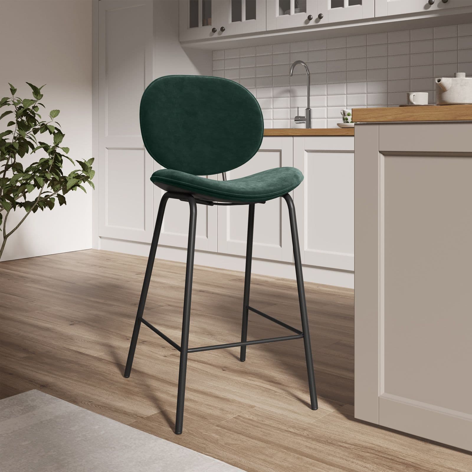 Set 2 sgabelli in velluto verde scuro con gambe in metallo nero - Milva