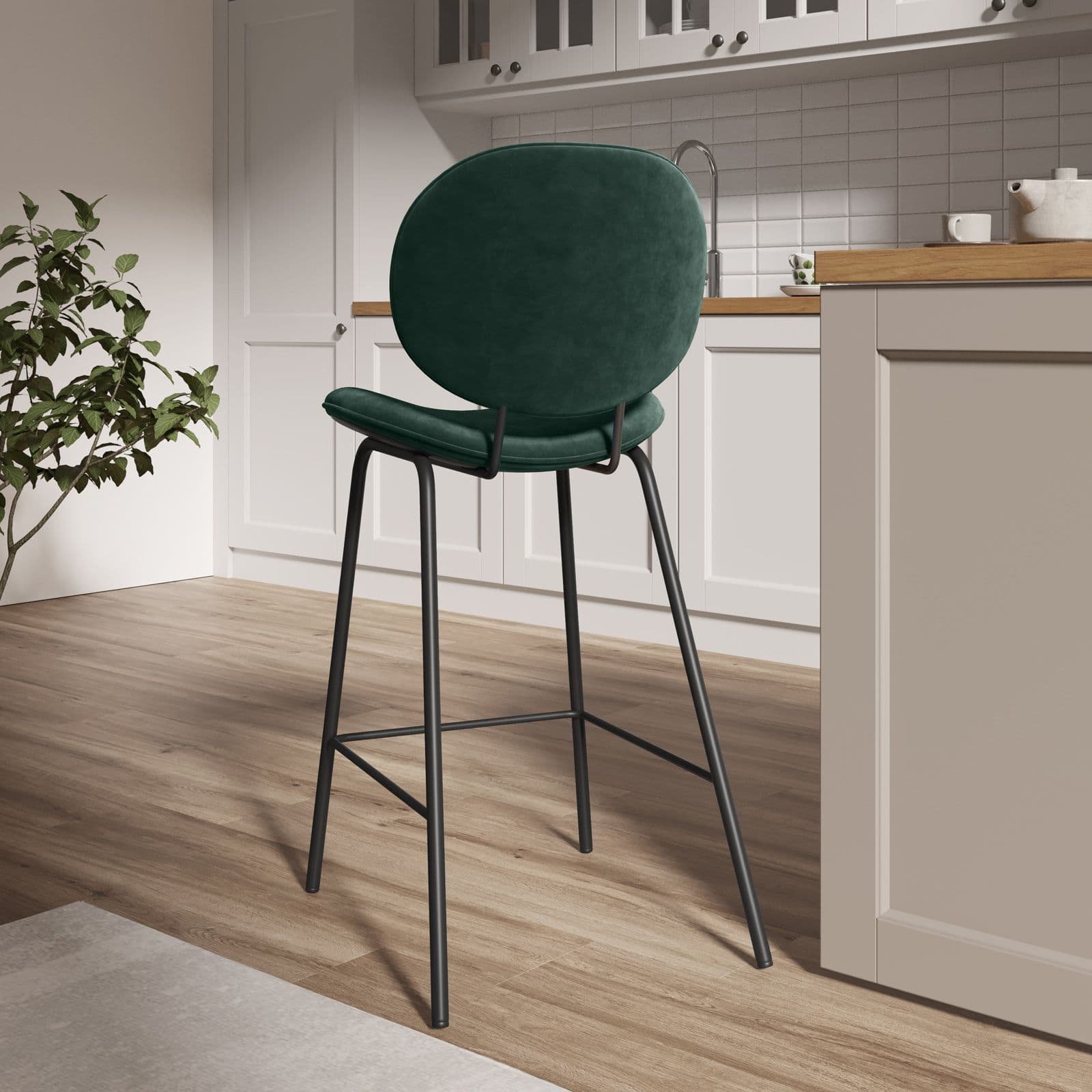 Set 2 sgabelli in velluto verde scuro con gambe in metallo nero - Milva