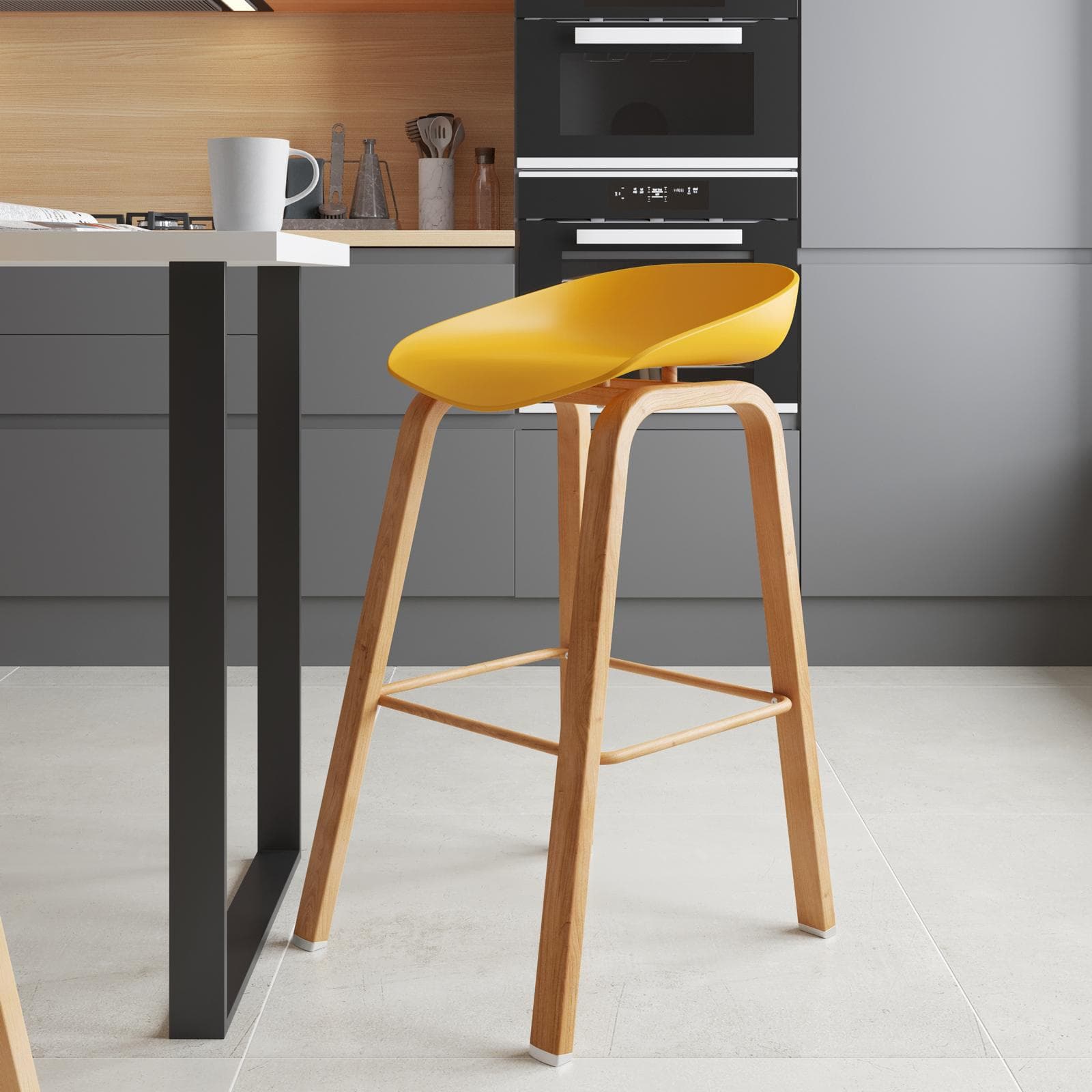 Set 2 sgabelli seduta giallo e gambe in metallo effetto legno - Alborg