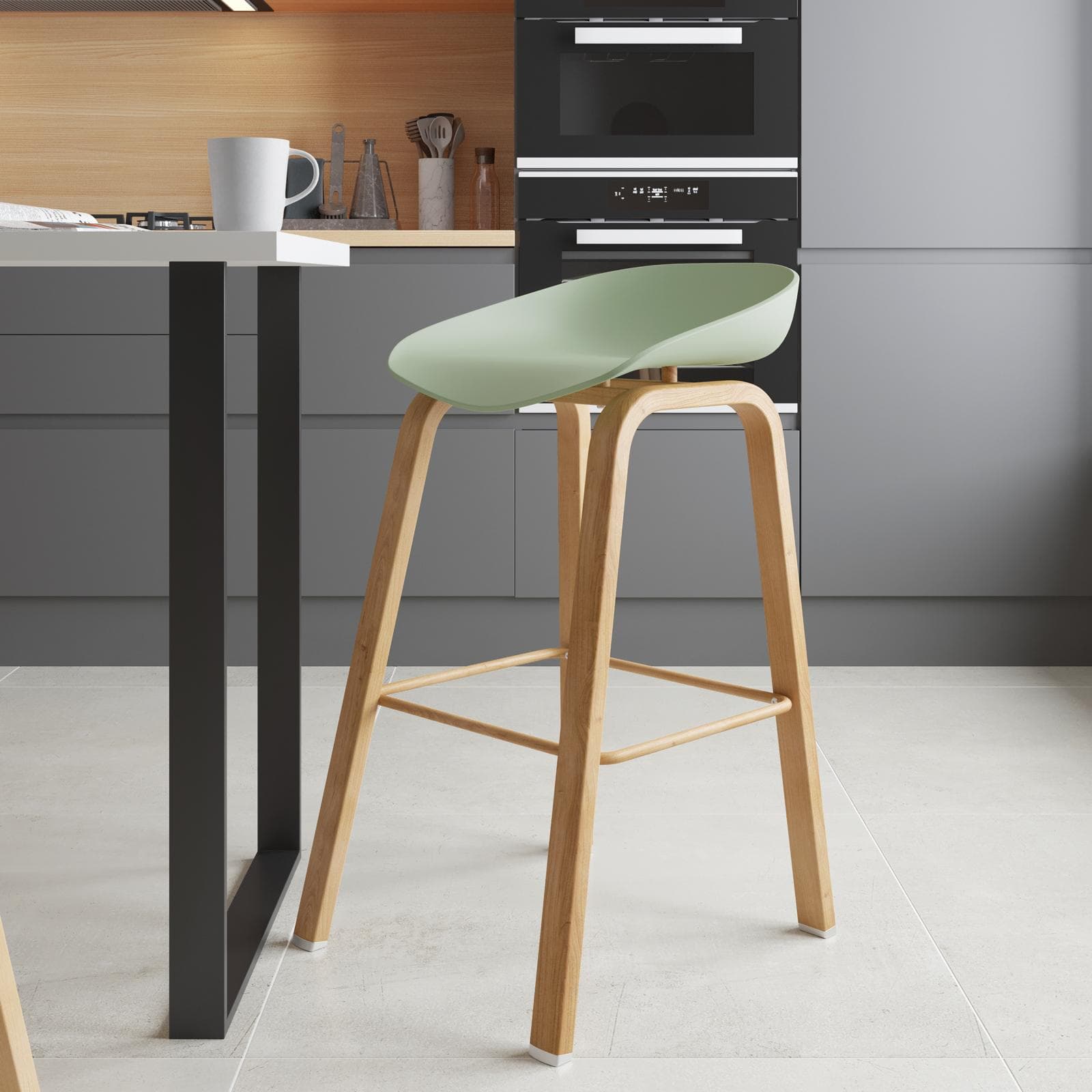 Set 2 sgabelli seduta verde e gambe in metallo effetto legno - Alborg