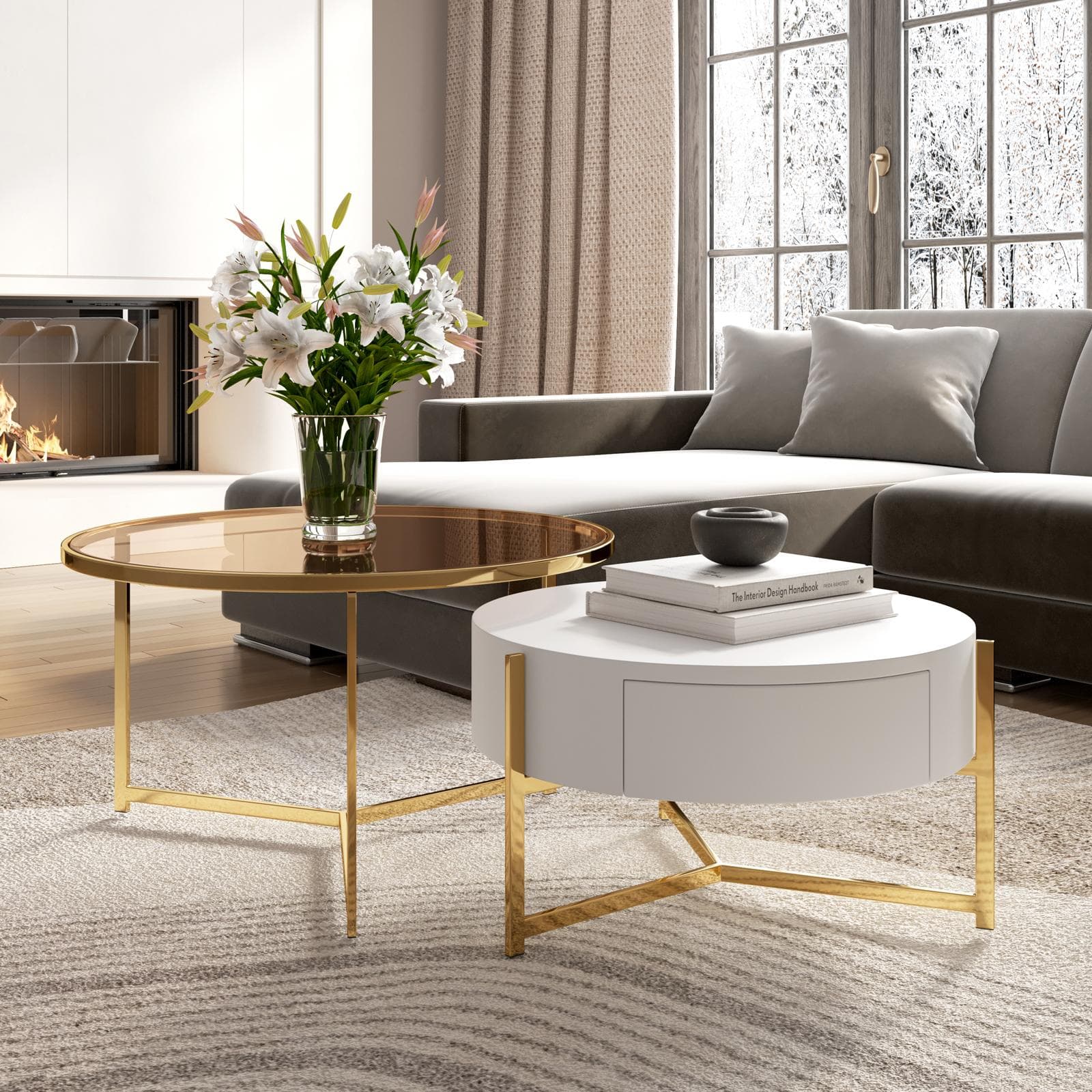 Set 2 tavolini 71 cm e 59 cm con top in vetro bronzato e ceramica bianca con un cassetto e struttura oro - Abelard