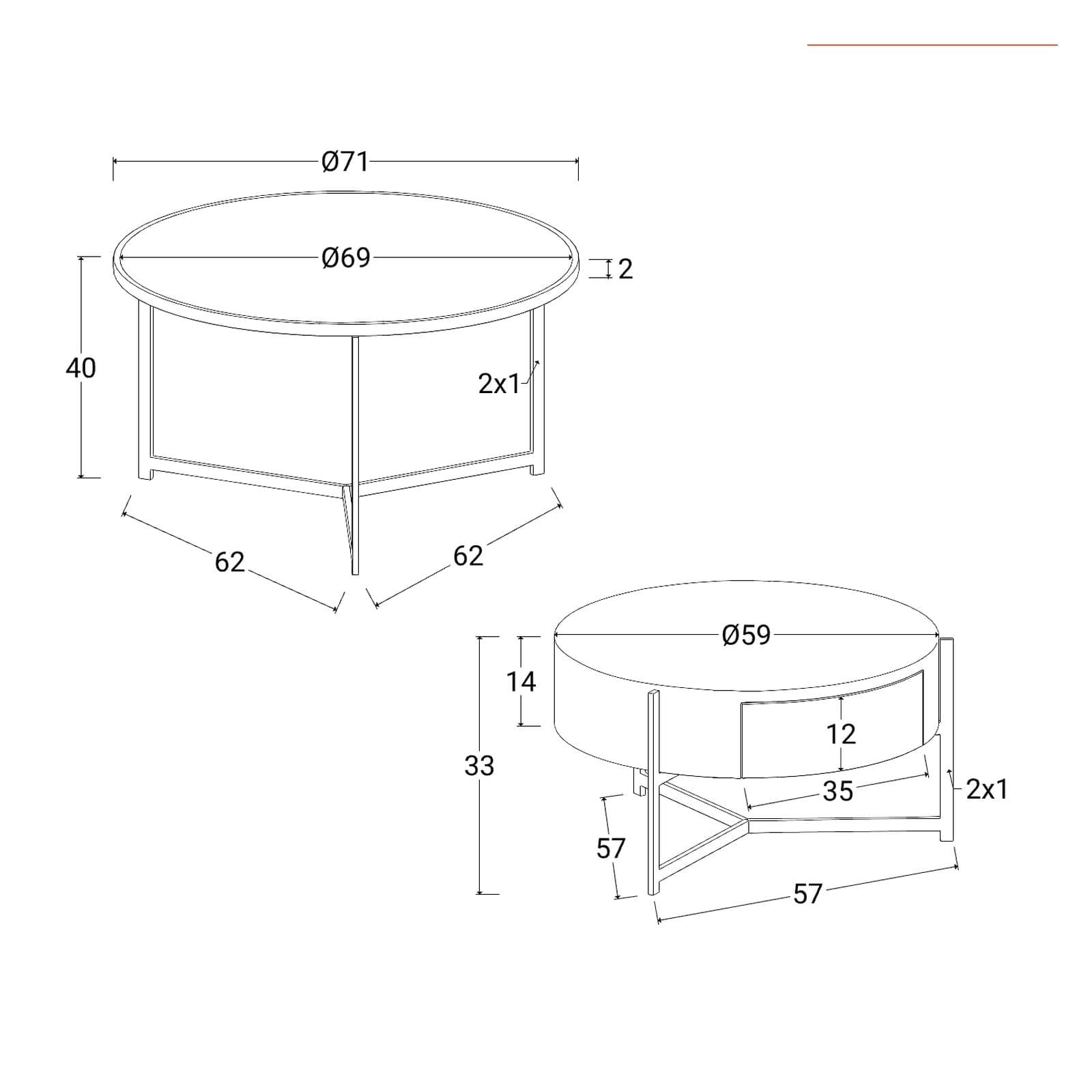 Set 2 tavolini 71 cm e 59 cm con top in vetro bronzato e ceramica bianca con un cassetto e struttura oro - Abelard