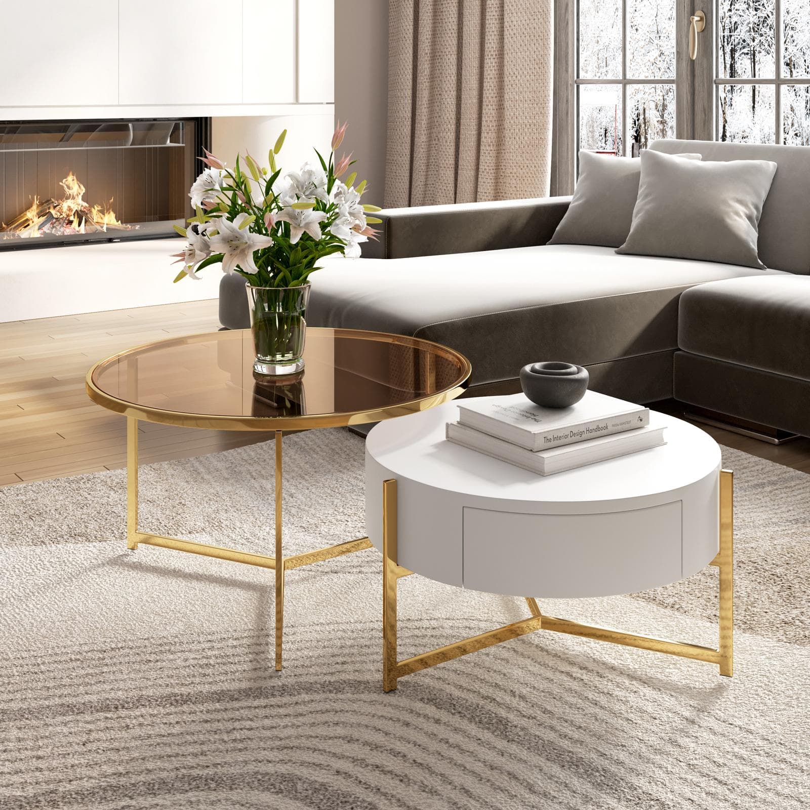 Set 2 tavolini 71 cm e 59 cm con top in vetro bronzato e ceramica bianca con un cassetto e struttura oro - Abelard