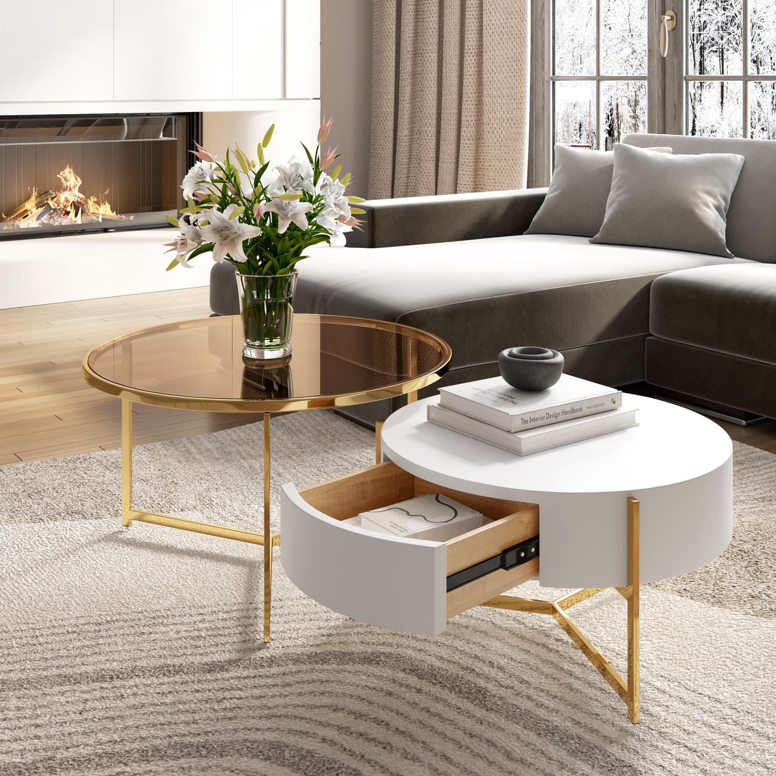 Set 2 tavolini 71 cm e 59 cm con top in vetro bronzato e ceramica bianca con un cassetto e struttura oro - Abelard