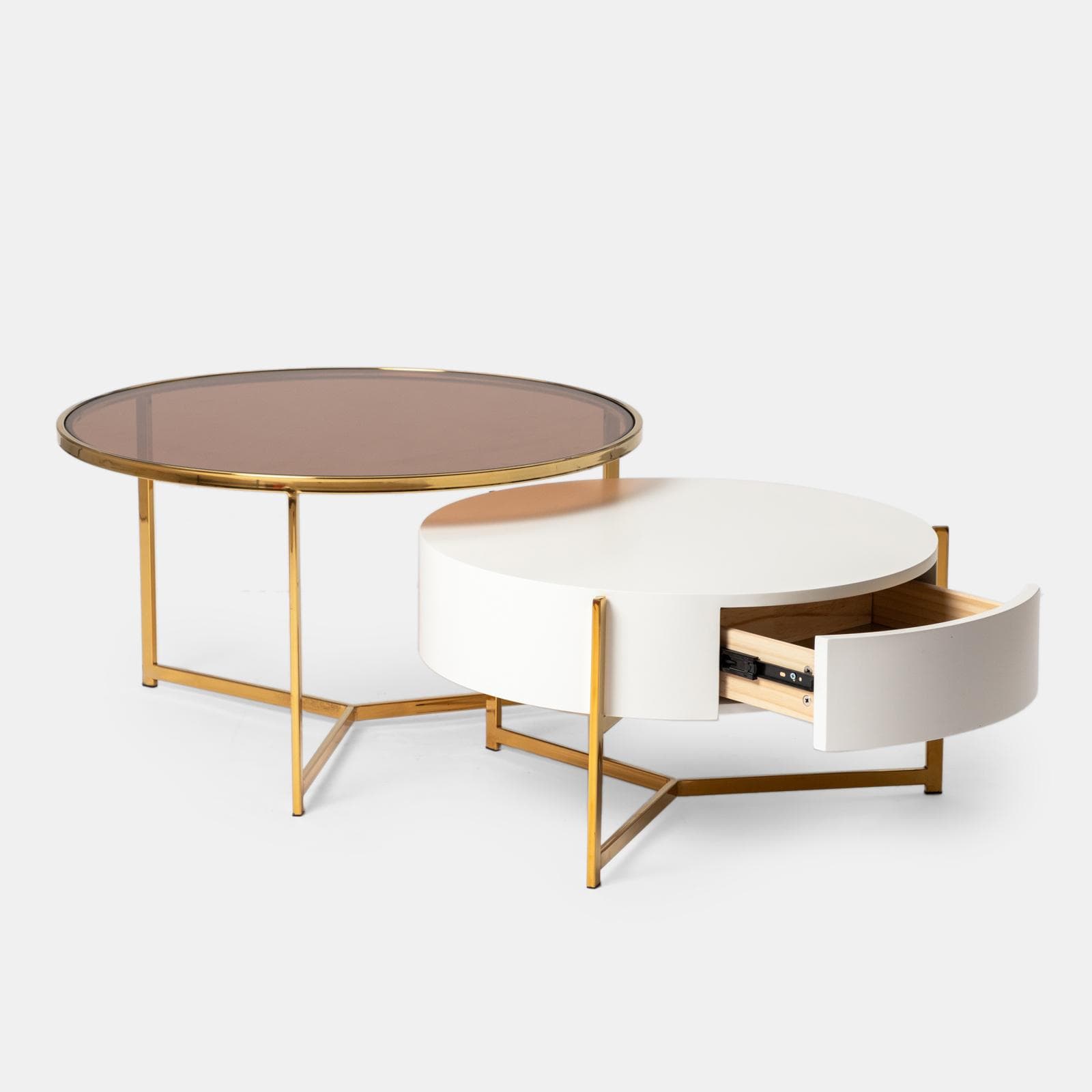 Set 2 tavolini 71 cm e 59 cm con top in vetro bronzato e ceramica bianca con un cassetto e struttura oro - Abelard