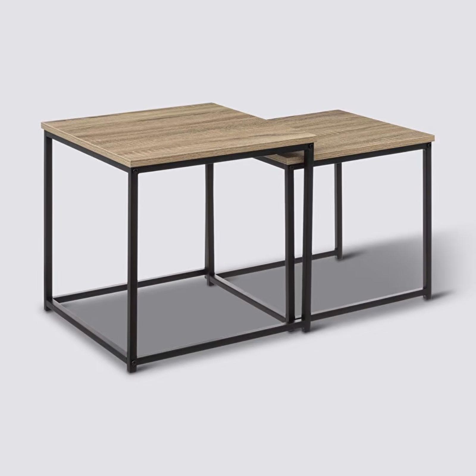 Set 2 tavolini impilabili in acciaio nero ed effetto rovere - Emyl