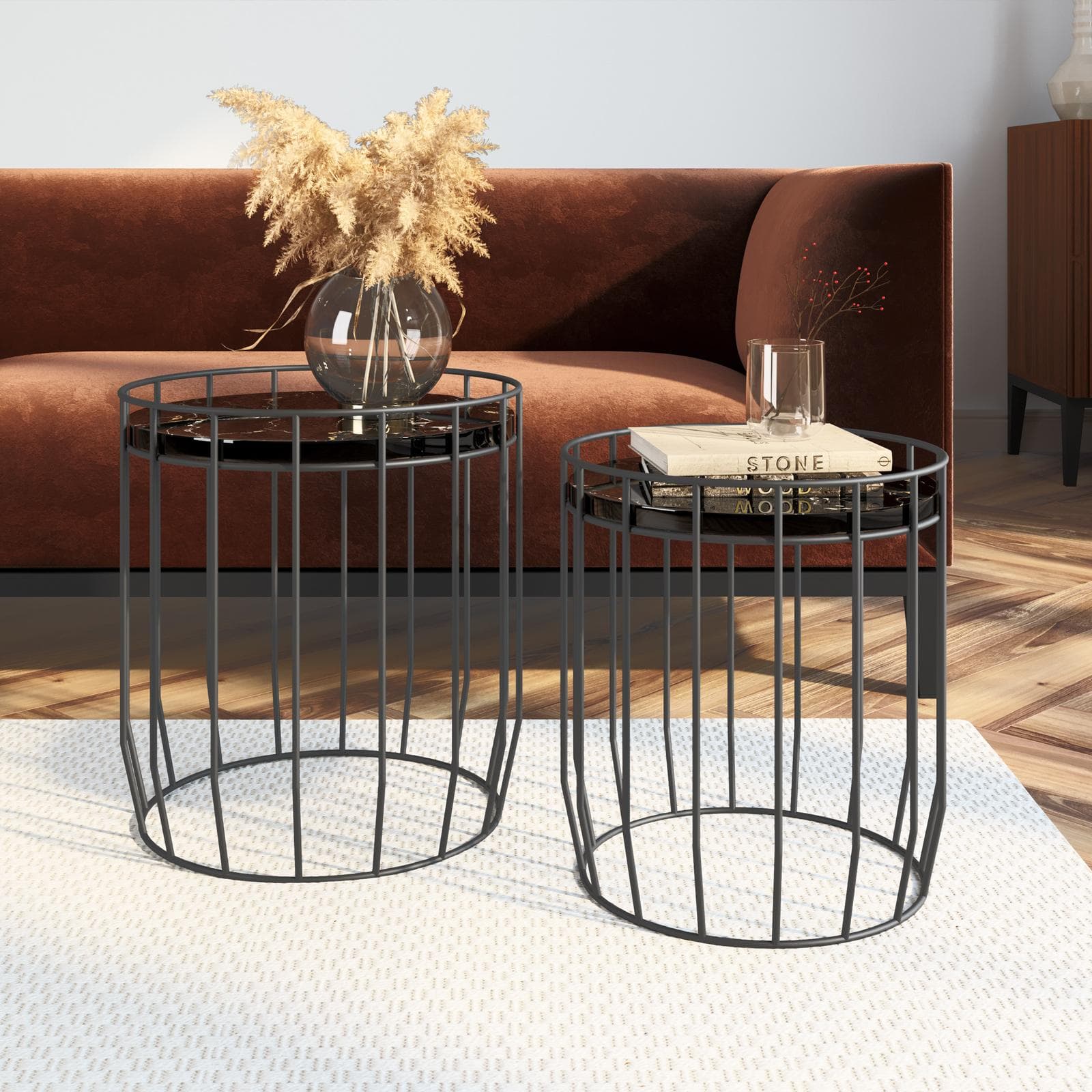 Set 2 tavolini con top effetto marmo e struttura in acciaio nero - Bongo