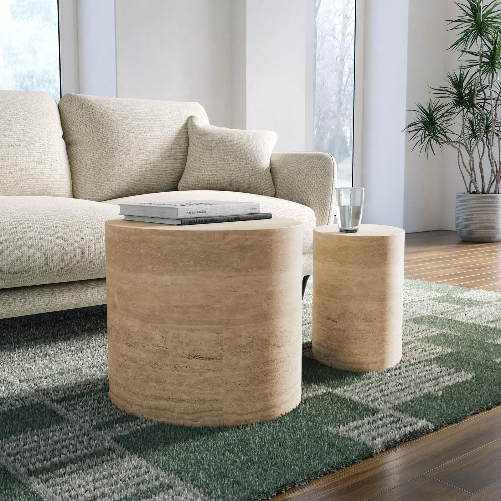 Set 2 tavolini ovali 48x40h cm e 38x35h cm effetto travertino - Toser