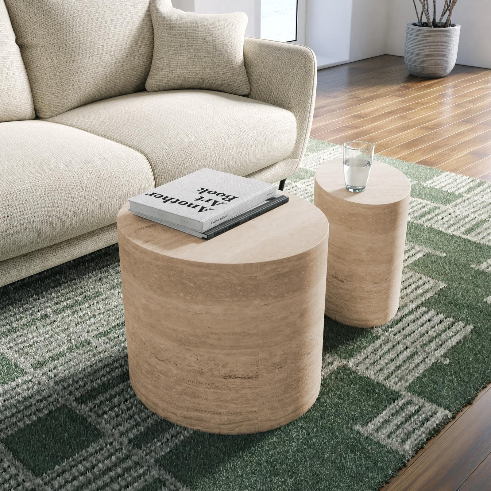 Set 2 tavolini ovali 48x40h cm e 38x35h cm effetto travertino - Toser