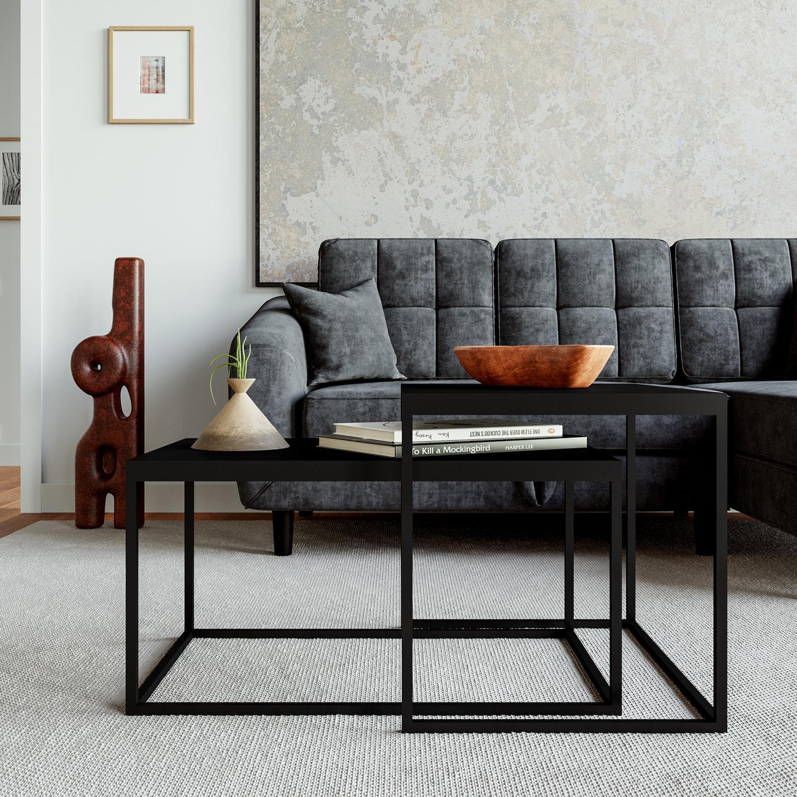 Set 2 tavolini 45x60 cm e 72x45 cm top nero e struttura in metallo - Chara