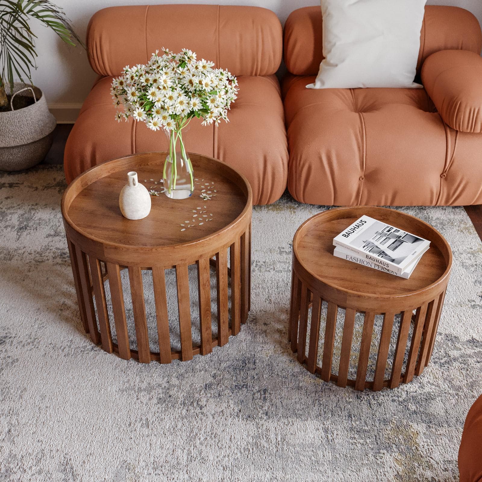 Set 2 tavolini rotondi 60 e 48 cm in legno di acacia naturale - Karan