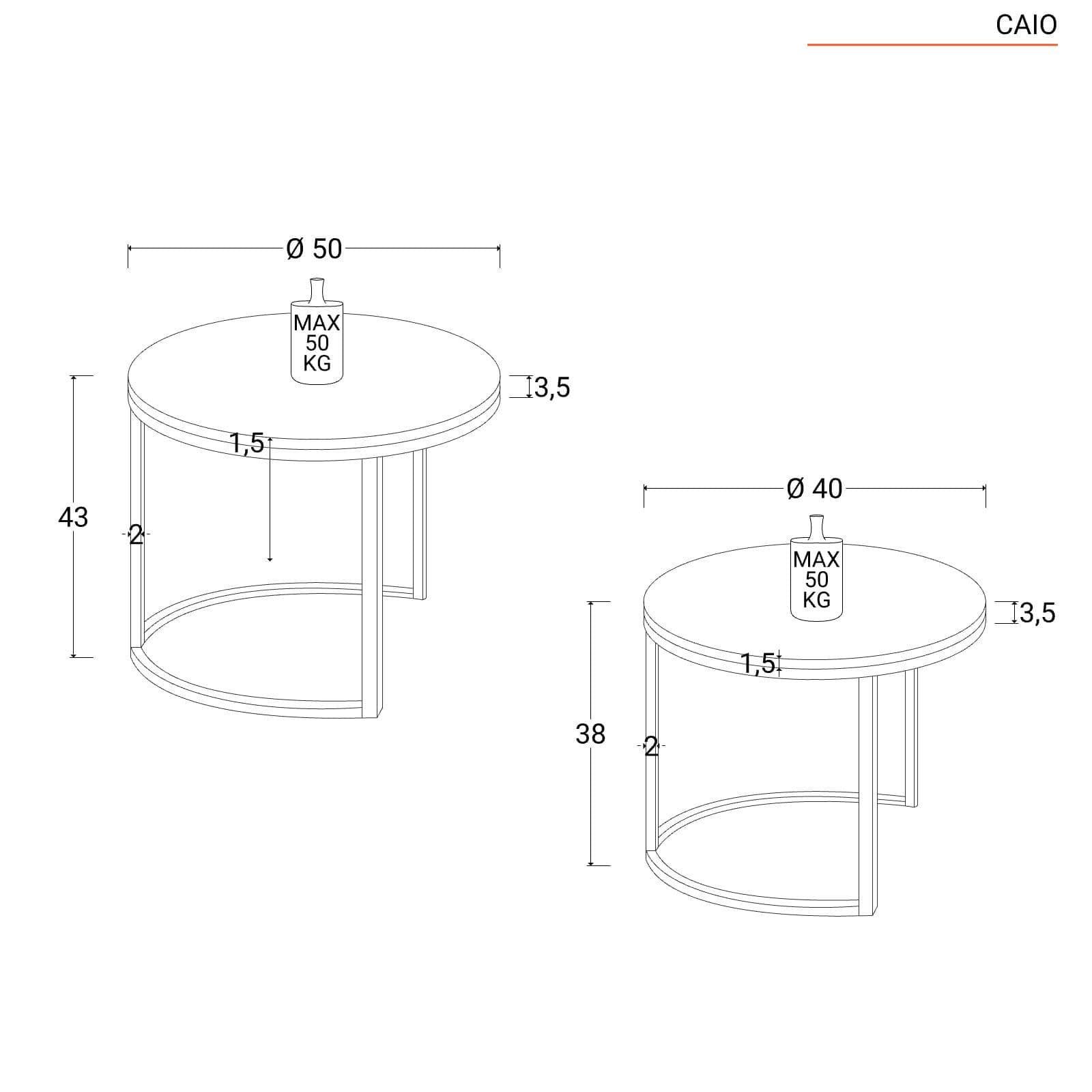Set 2 tavolini rotondi con piano effetto rovere e struttura in metallo nero - Caio