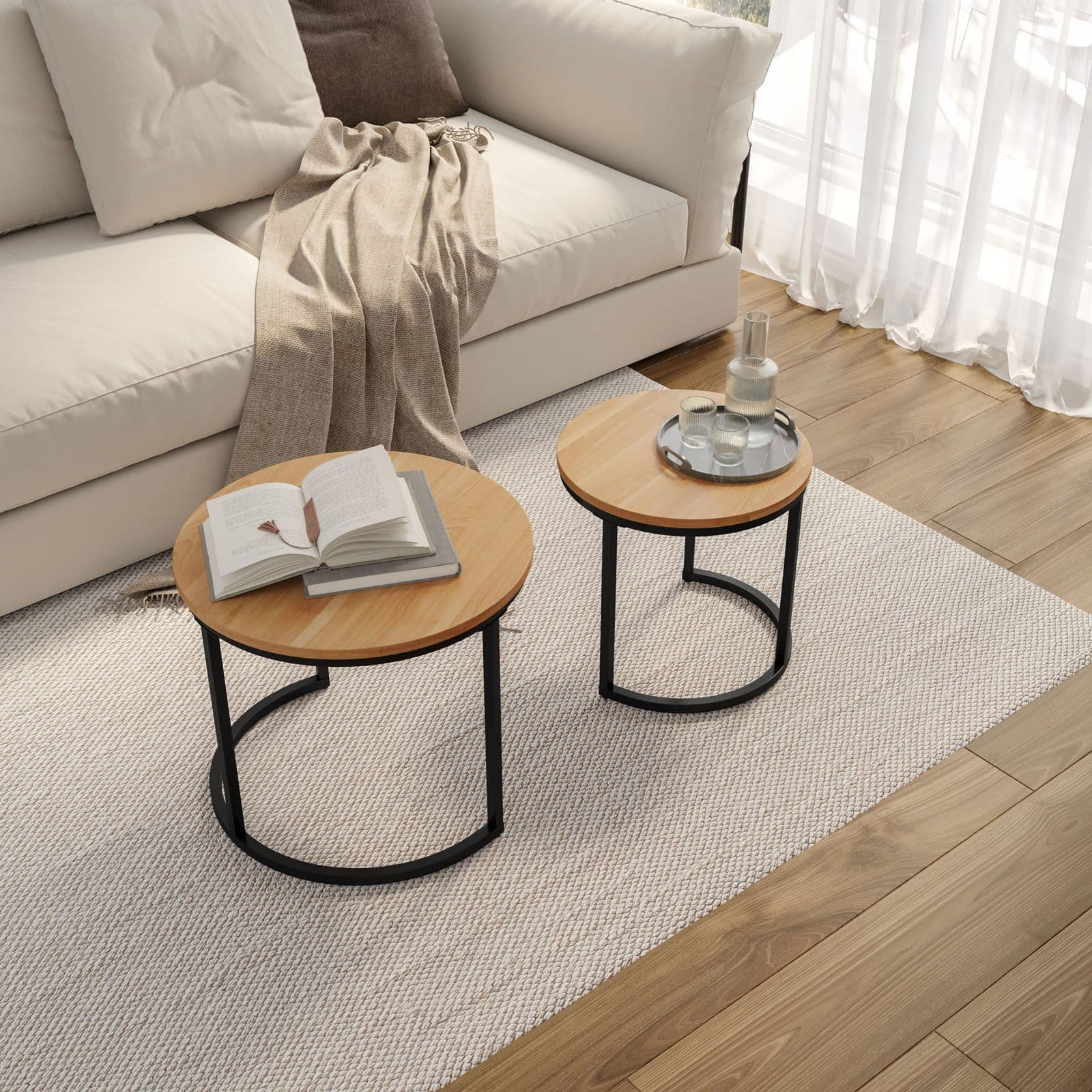 Set 2 tavolini rotondi con piano effetto rovere e struttura in metallo nero - Caio