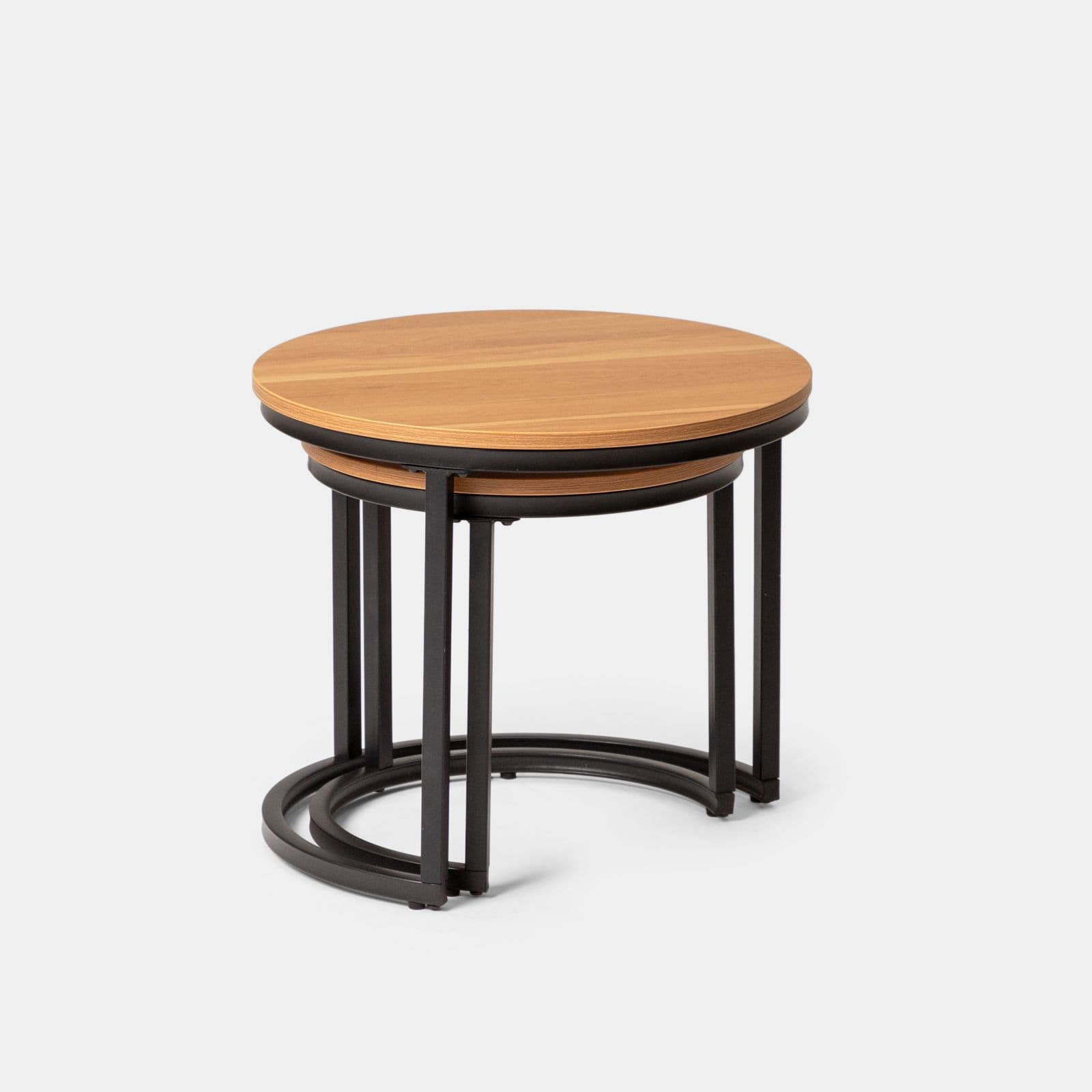 Set 2 tavolini rotondi con piano effetto rovere e struttura in metallo nero - Caio