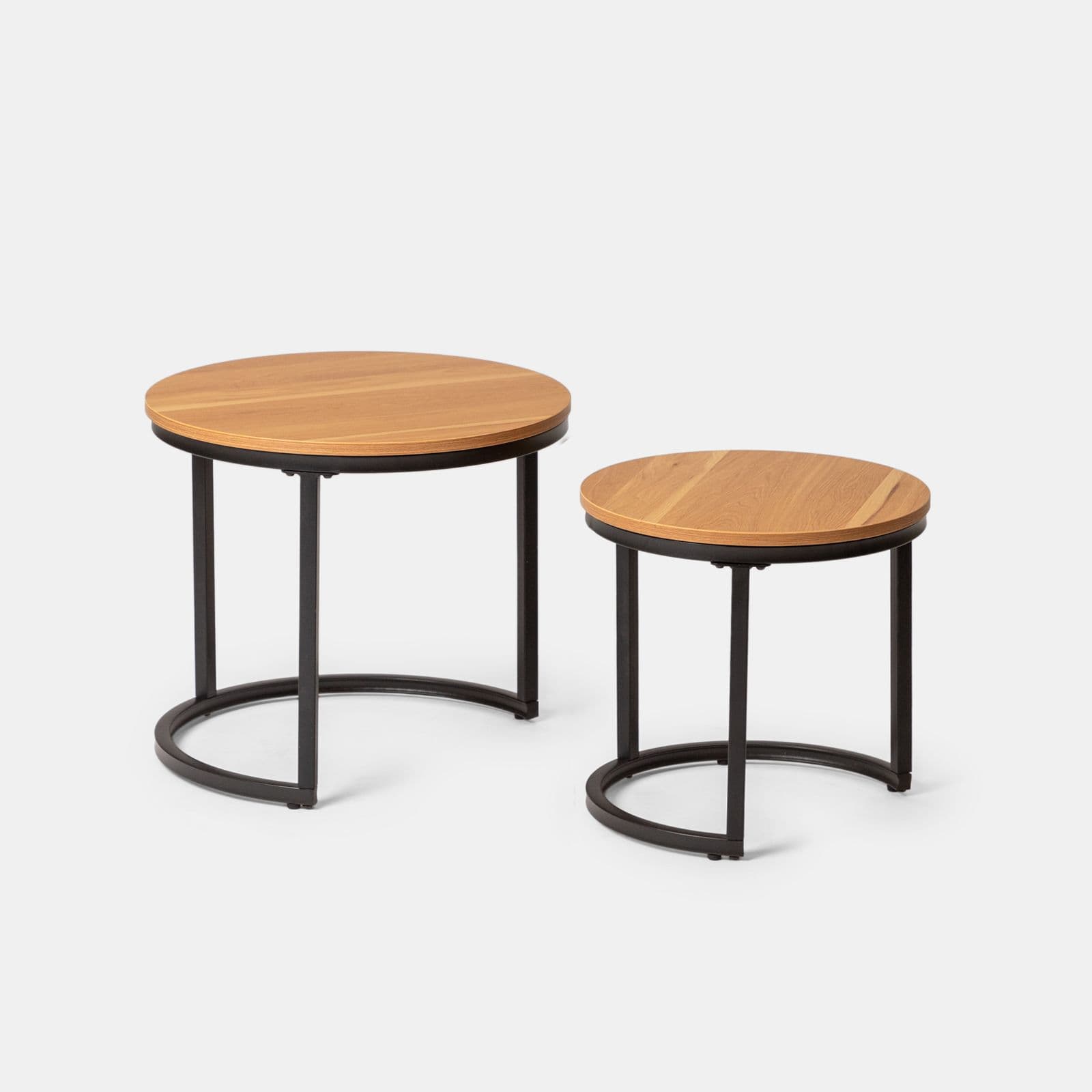 Set 2 tavolini rotondi con piano effetto rovere e struttura in metallo nero - Caio