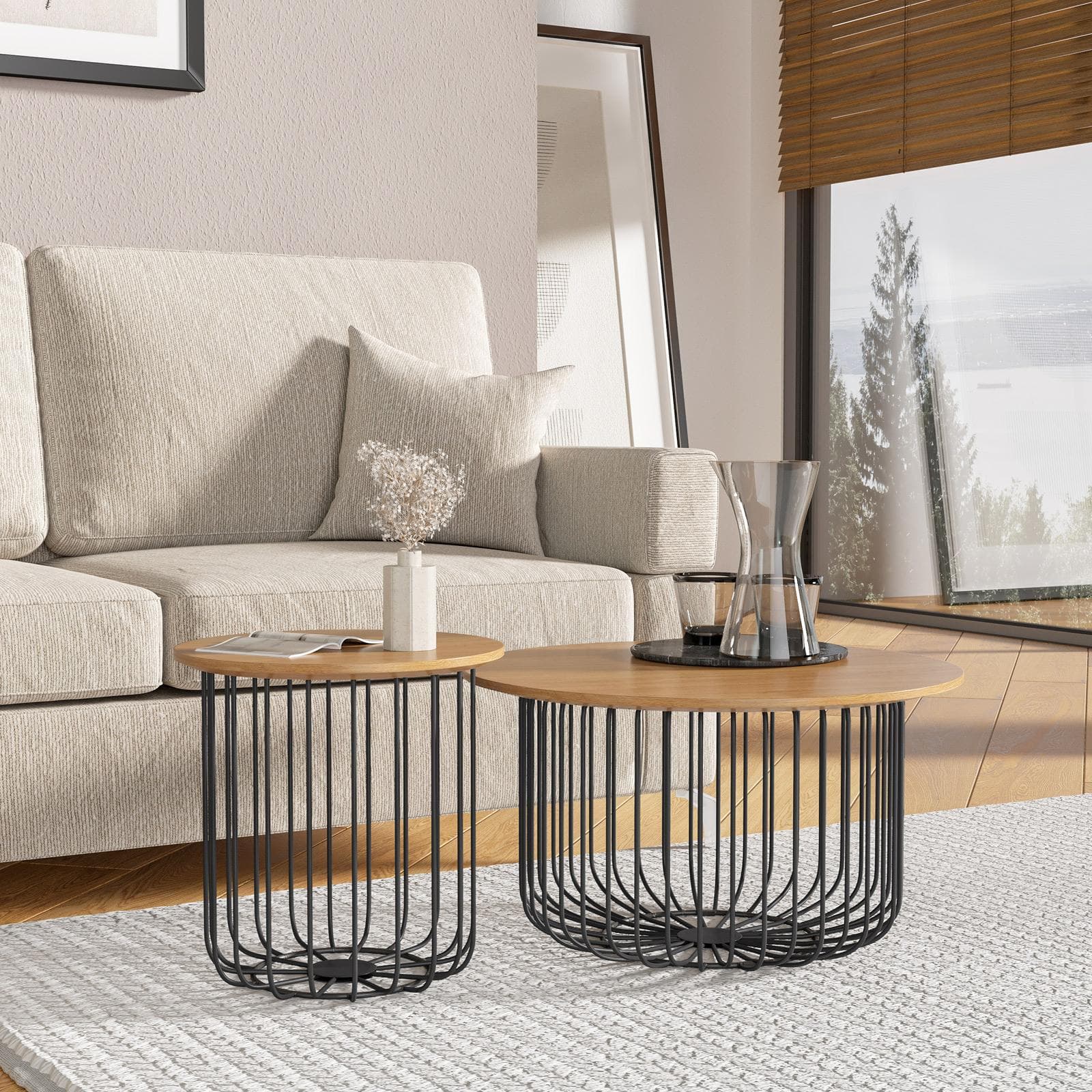 Set 2 tavolini tondi 37 cm e 60 cm in legno rovere chiaro e struttura in metallo nero - Kollek
