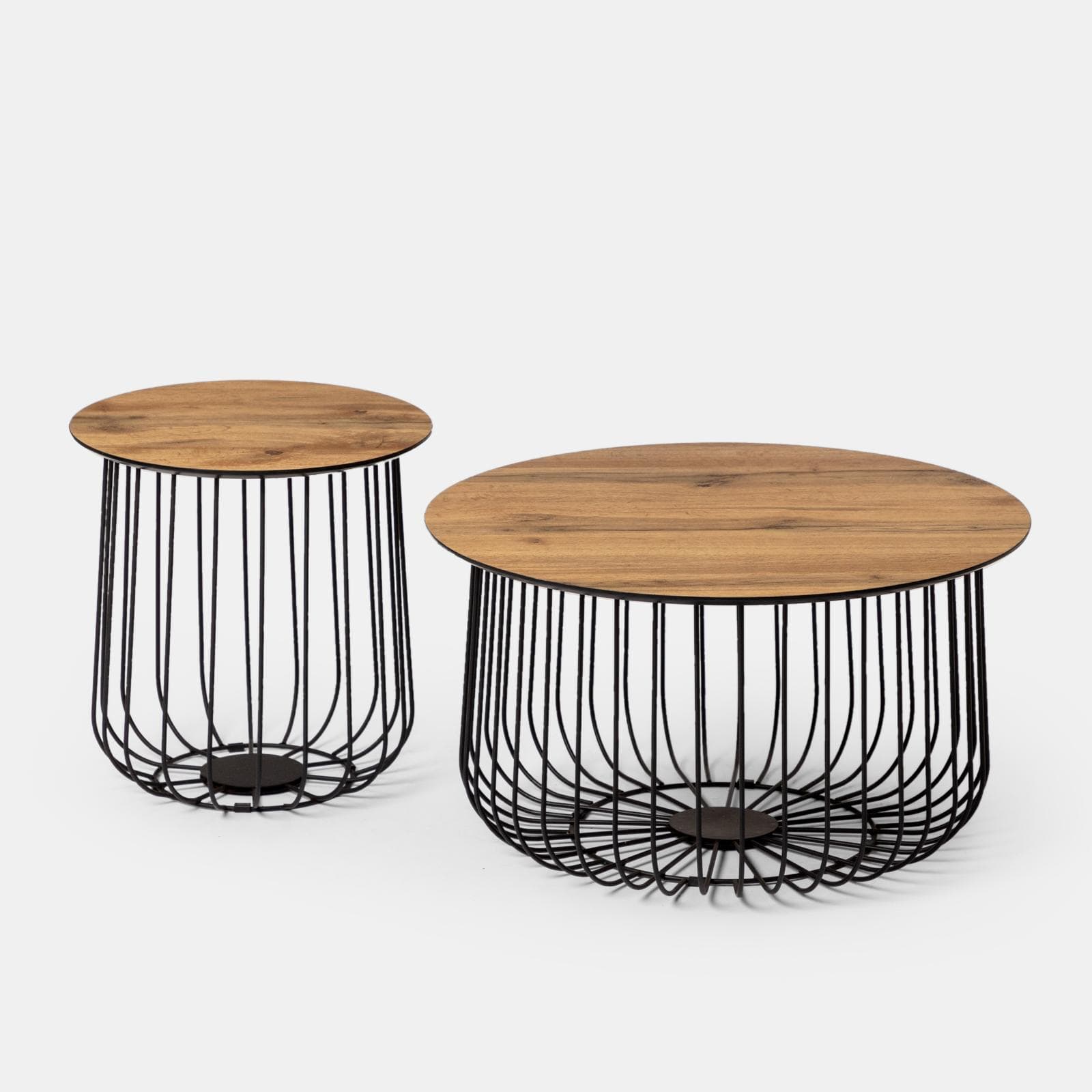 Set 2 tavolini tondi 37 cm e 60 cm in legno rovere chiaro e struttura in metallo nero - Kollek