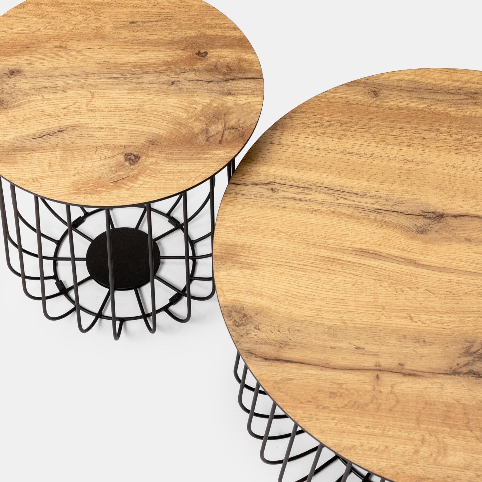 Set 2 tavolini tondi 37 cm e 60 cm in legno rovere chiaro e struttura in metallo nero - Kollek