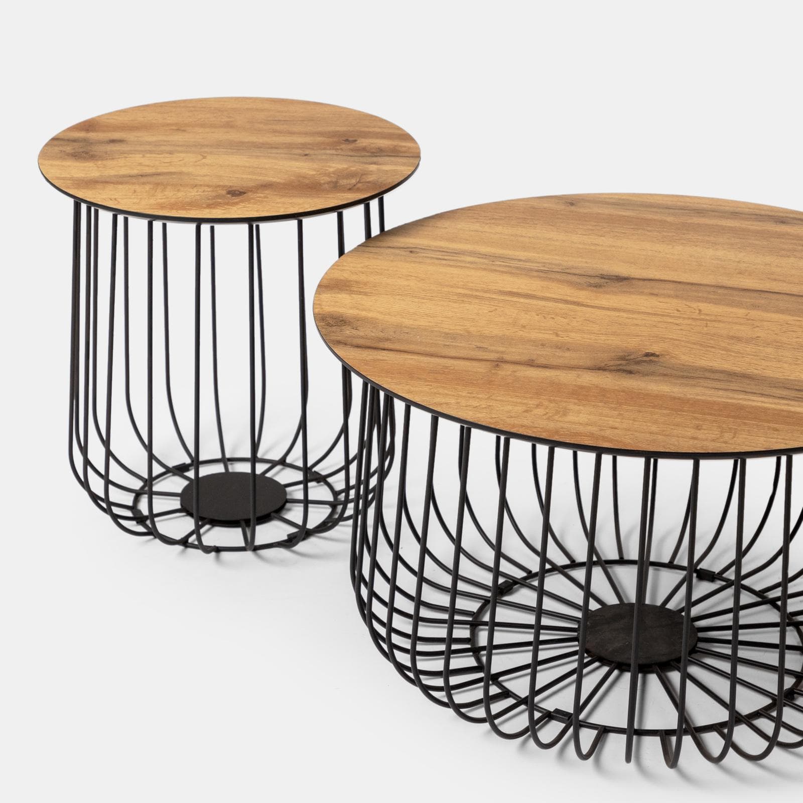 Set 2 tavolini tondi 37 cm e 60 cm in legno rovere chiaro e struttura in metallo nero - Kollek