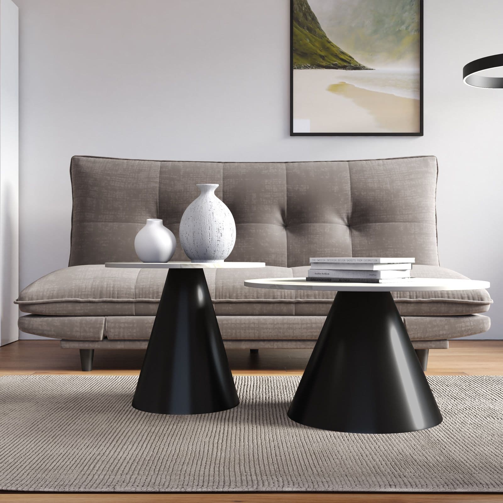 Set 2 tavolini tondi 50 e 70 cm in ceramica bianca portoro opaco e base nera - Gringo