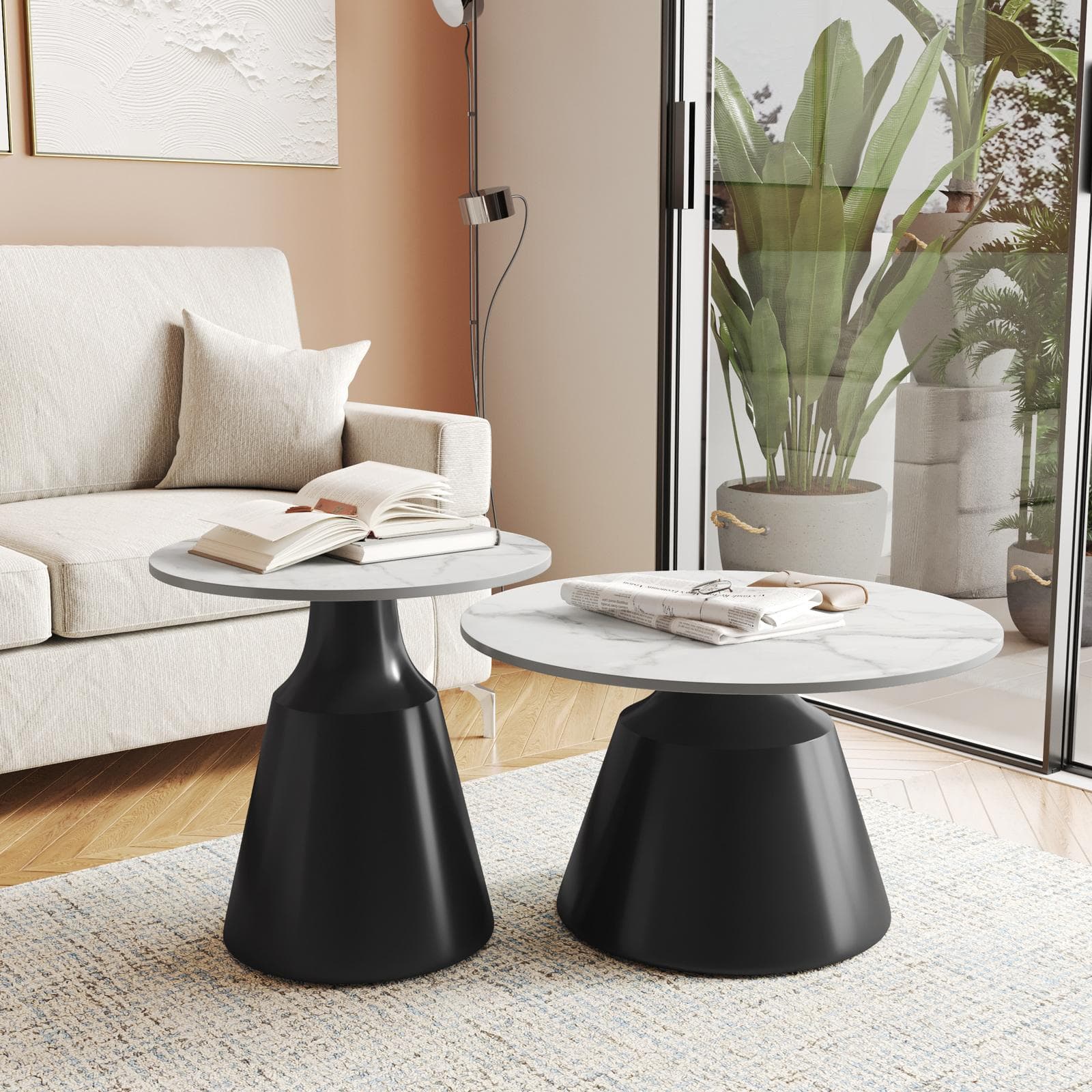 Set 2 tavolini tondi 50 e 70 cm in ceramica grigio chiaro e base nero - Mikado