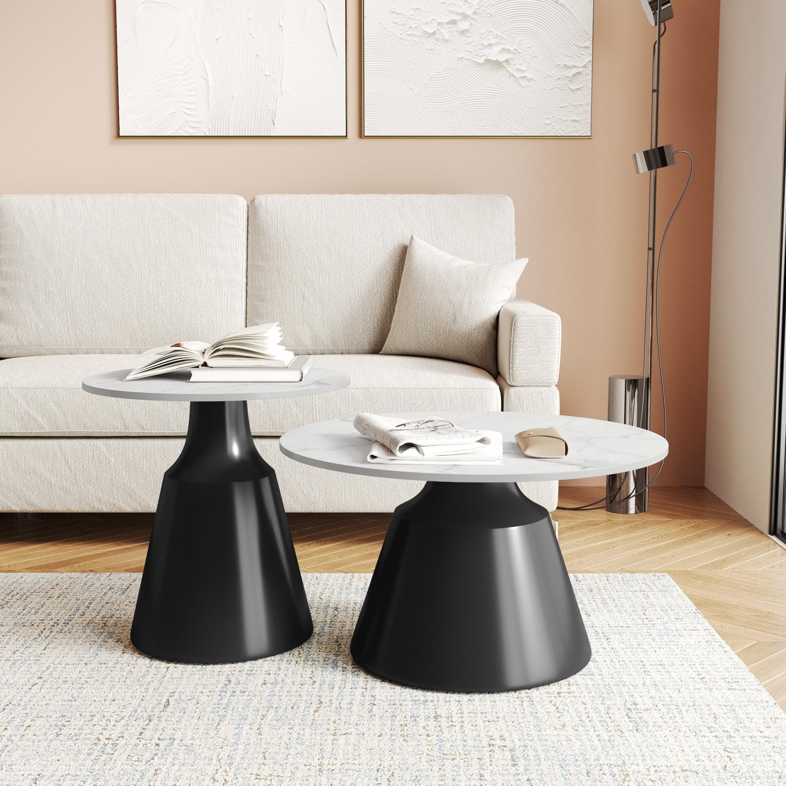 Set 2 tavolini tondi 50 e 70 cm in ceramica grigio chiaro e base nero - Mikado