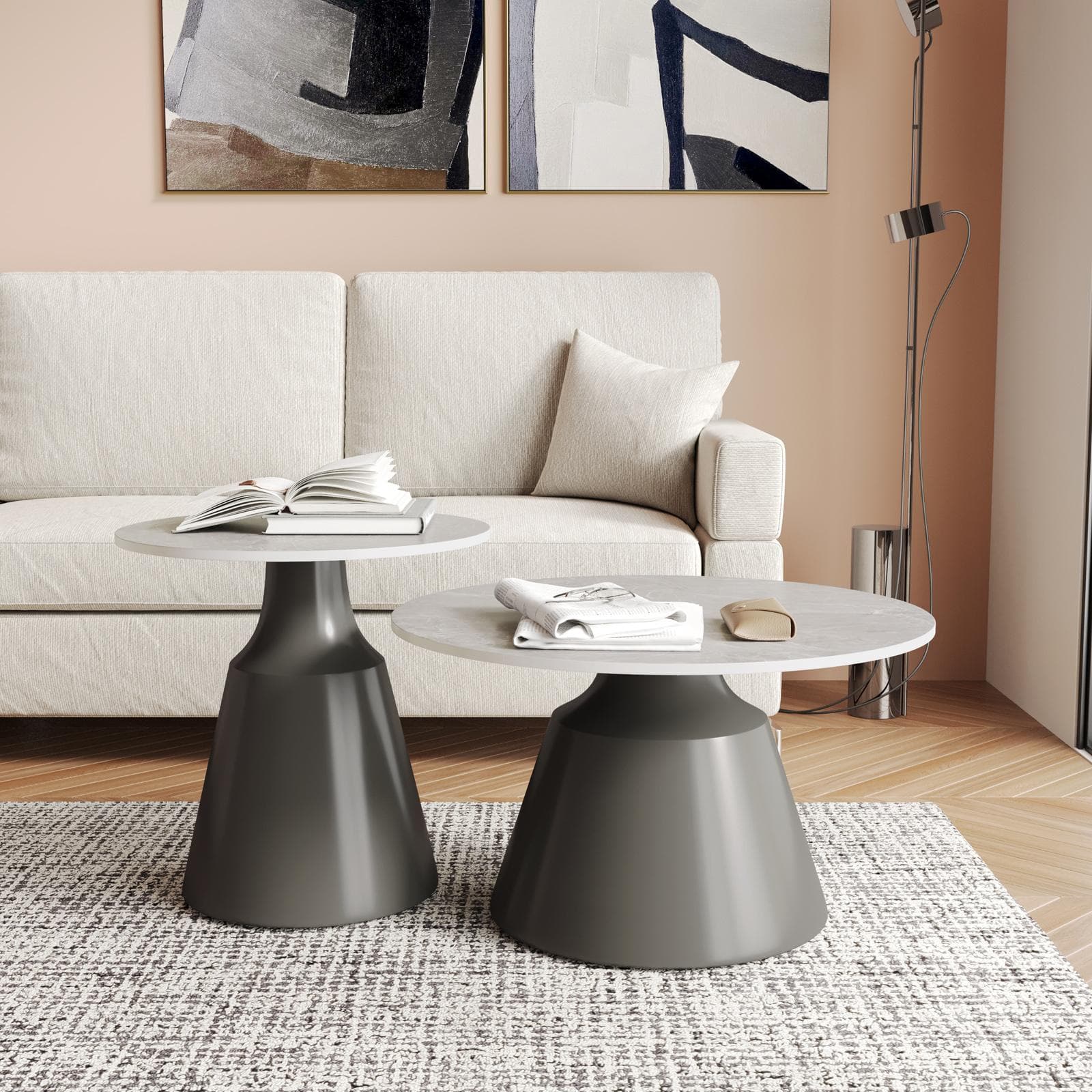 Set 2 tavolini tondi 50 e 70 cm in ceramica grigio chiaro effetto marmo e base in metallo grigio - Mikado