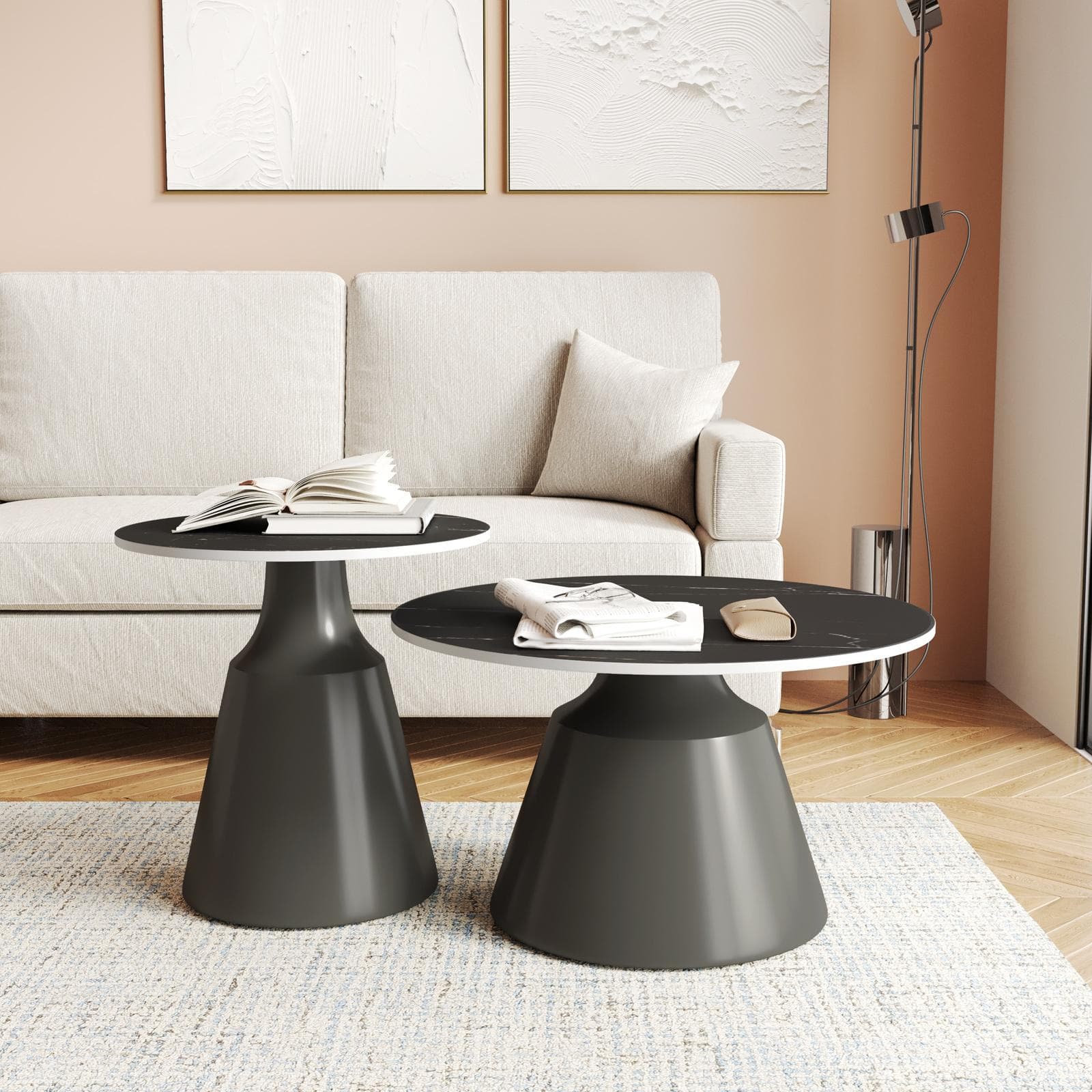 Set 2 tavolini tondi 50 e 70 cm in ceramica nero portoro e base grigio - Mikado