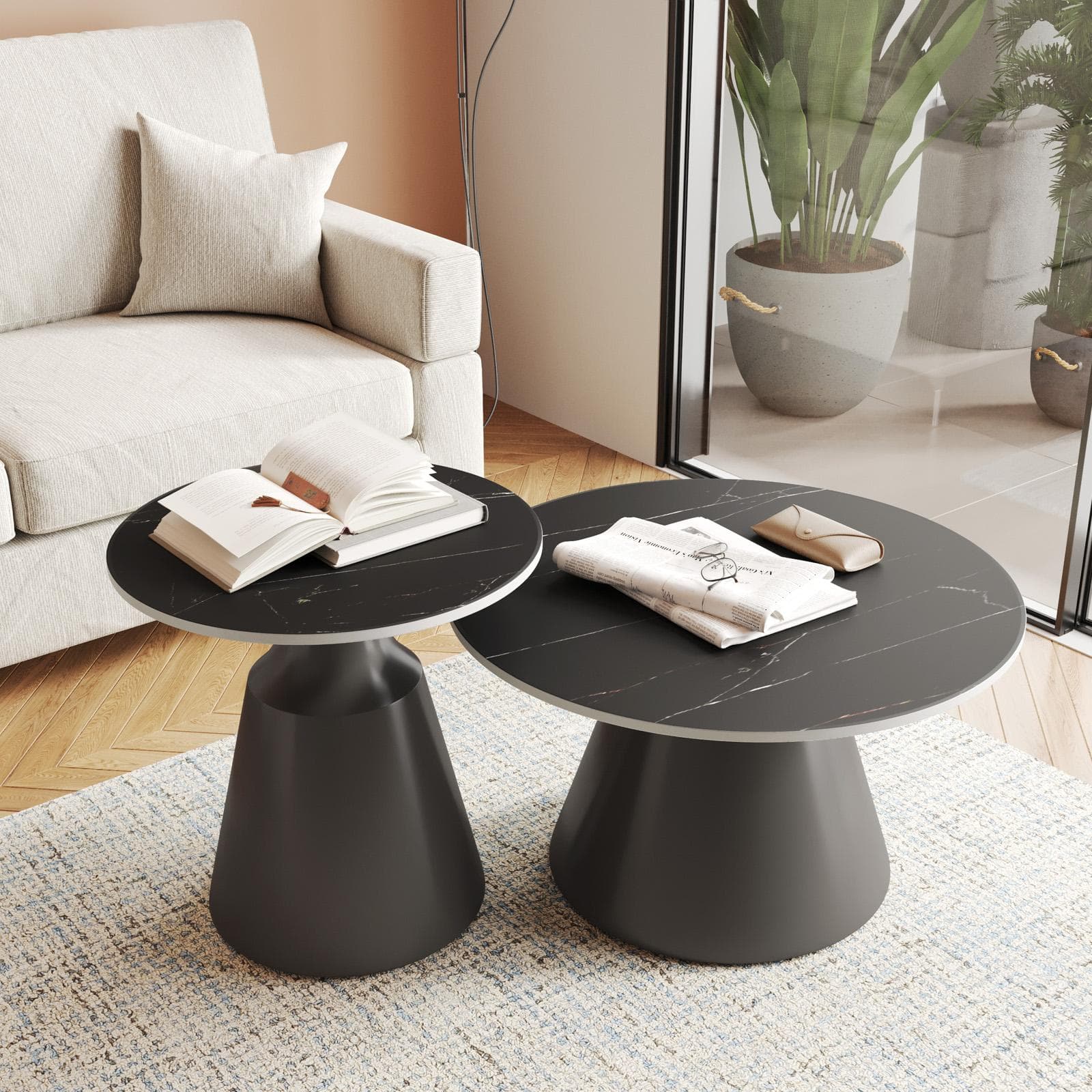 Set 2 tavolini tondi 50 e 70 cm in ceramica nero portoro e base grigio - Mikado
