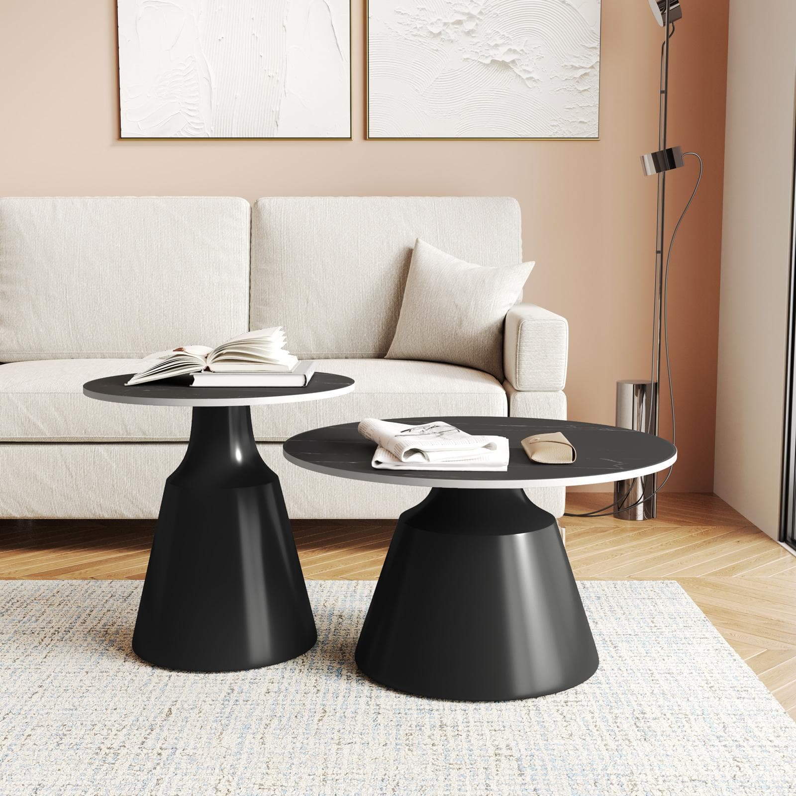 Set 2 tavolini tondi 50 e 70 cm in ceramica nero portoro e base nero - Mikado
